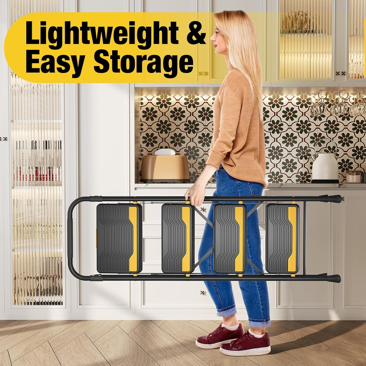 Urackify 4 Step Ladder, Heavy-Duty 150Kg Capacity, Wide Anti-Slip Steps & Secure Handrail Compact, Folding Step Stool Portable Design for Home, Kitchen, Office, Pantry, Closet Use, Black image number 6