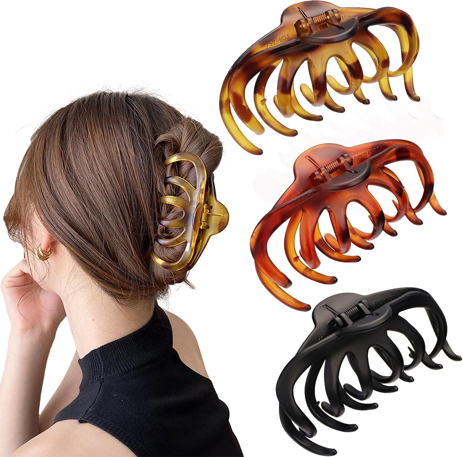 3 PCS Hair Claw Clips Hair Clips for Women Octopus Big Hair Clips Long Curly Thin Thick Hair Strong Hold Matte Jumbo Jaw Clips Hair Accessories for Women Girls Styling | Black & Red/Yellow Tortoise image number 4