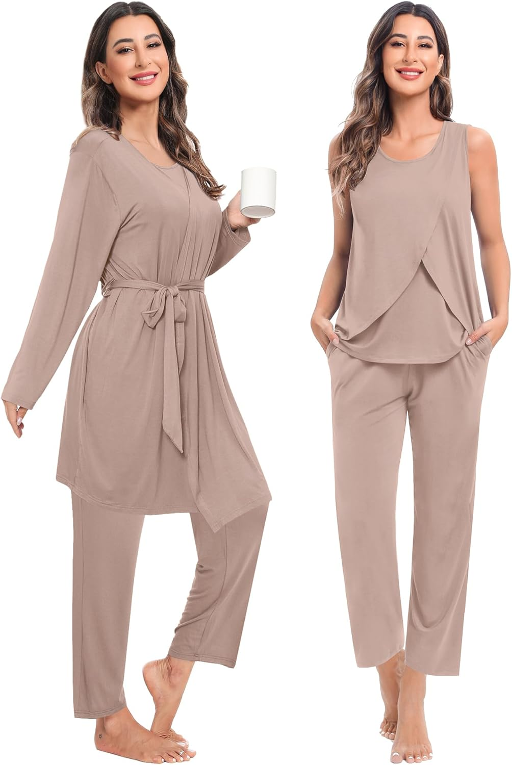 SWOMOG Maternity Nursing Robe Set 3 PCS Postpartum Breastfeeding Pajamas Hospital Pregnancy Pjs Double Layer Lounge Set image number 5