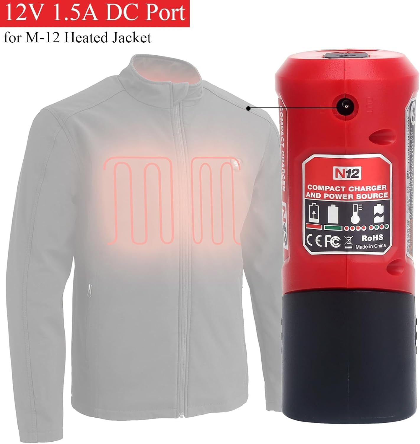 M12 12V USB Power Source Charger Adapter for Milwaukee M12 Lithium Battery, W/Type-C Input Charing Port, USB Output & DC 12 Volt Outlet for 12V Heated Jacket, Replace 48-59-1201 49-24-2310 image number 3