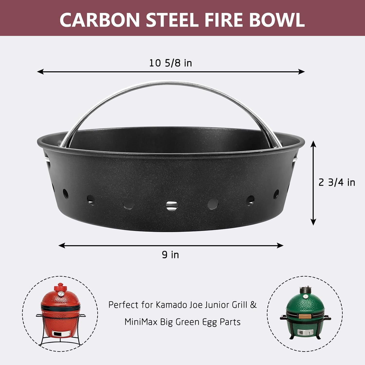 Vankey Charcoal Ash Basket, Carbon Steel Charcoal Holder for Kamado Joe Jr & Minimax Big Green Egg Grills, Heat-Resistant Stainless Steel Handle, 9" X 2.75" Round, Green image number 3