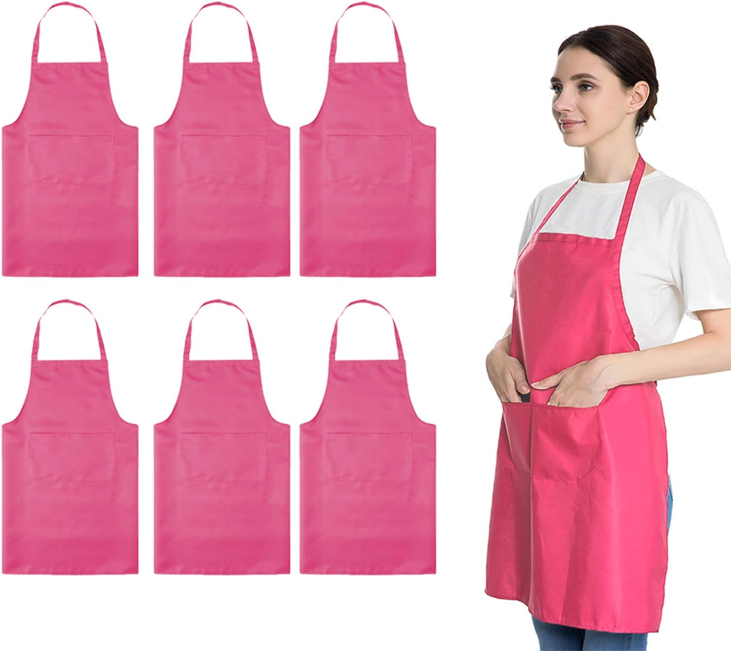 LOYHUANG Total 6PCS Bib Apron Adult with 2 Pockets for Women Men Chef Cooking Kitchen - Black image number 5