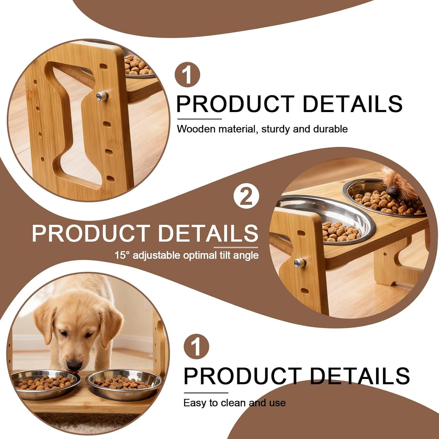 Aicharynic Raised Dog Bowl with Stand, Height Adjustable Feeding Bowl, Bamboo Feeding Station for Small Dogs and Cats, with 2 Stainless Steel Bowls image number 4