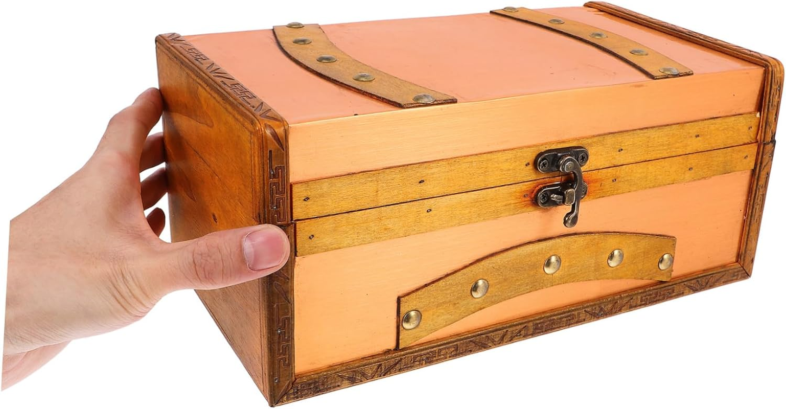 Operitacx Retro Wooden Storage Box Vintage Treasure Chest for Boys and Girls Small Wood Box Lid for Home Decor and Organizing Cards Jewelry and Small Treasures image number 6