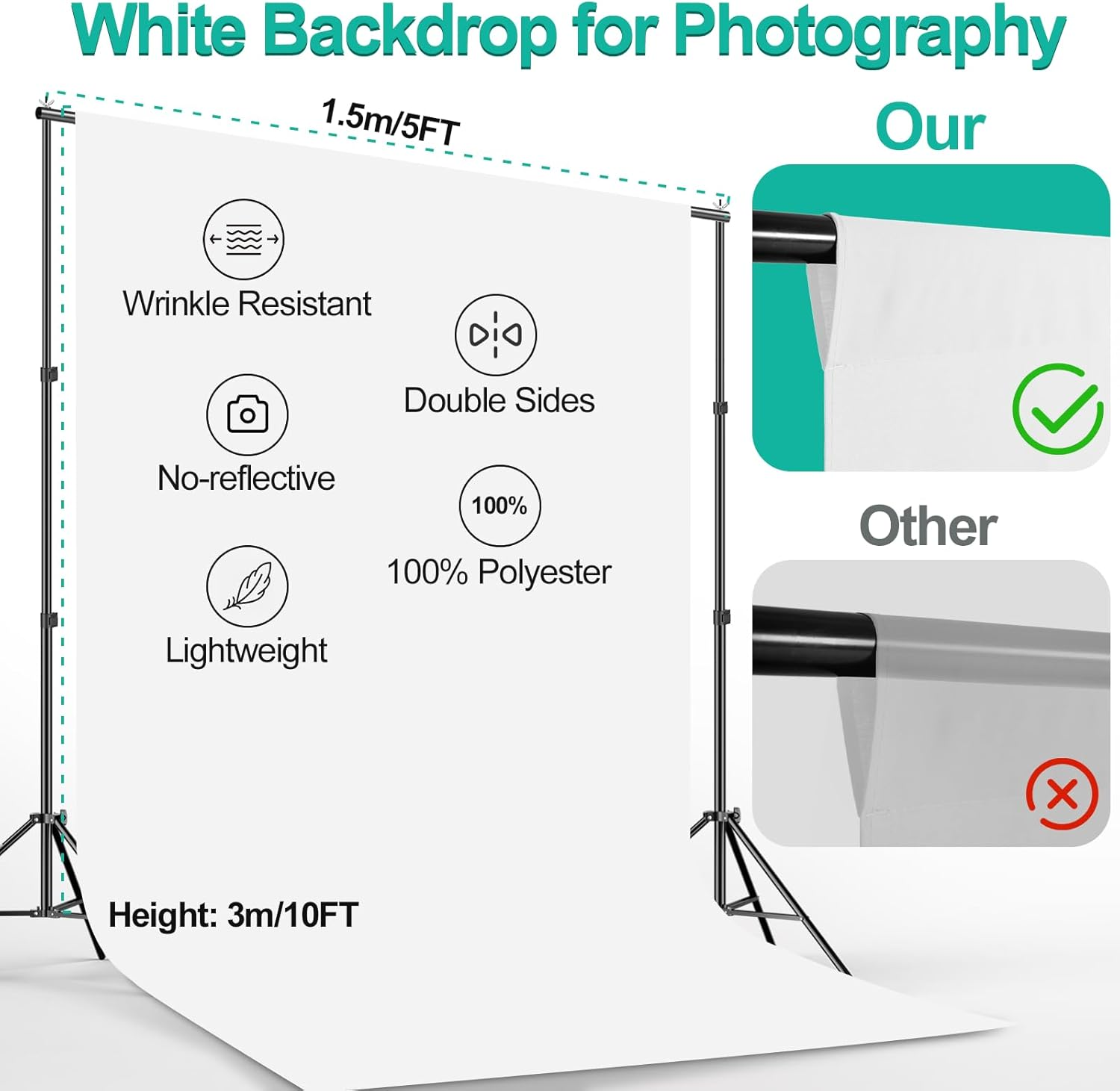 EMART Backdrop Stand Kit 2X2M/ 6.5X6.5Ft Photography Back Drop Support with White Background Carrying Bag and 4 Spring Clamps for Photo Decoration Party Studio Video image number 5
