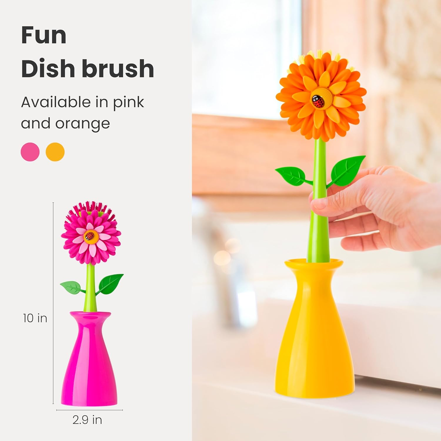 Vigar Flower Power Dish Brush with Vase, Orange (2 Pieces) image number 2