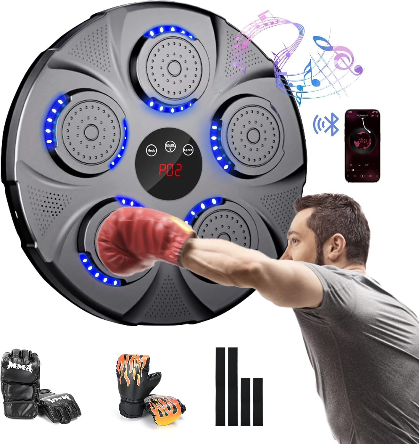 Music Boxing Machine | Wall Mounted Smart Bluetooth Boxing Trainer with 9 Training Modes & 9 Punching Speeds | Includes 2 Pairs Gloves (Adults/Kids) | Home Gym & Fitness Studio Equipment image number 3