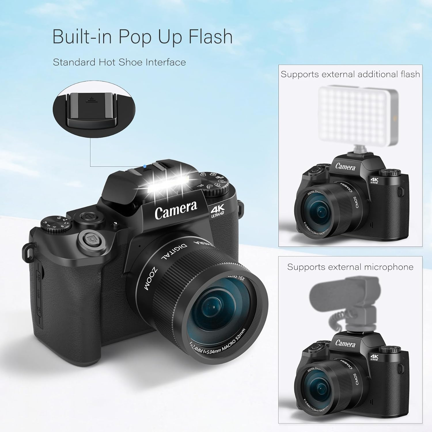 Saneen Digital Camera for Photography, 4K 64MP Wifi Touch Screen Vlogging Camera with Flash, 32GB Micro Card, Lens Hood, 3000Mah Battery, Front and Rear Cameras, 4&Prime;Big Screen, Hot Shoe Interface-Black image number 3