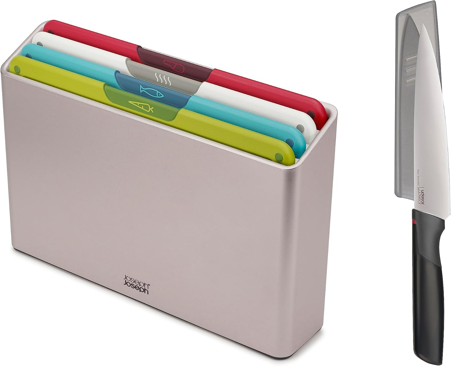 Joseph Joseph Folio Icon, 8-Piece Colour Coded Knife and Chopping Board Set, Slimline Case for Organised Kitchen Storage - Large, Multicolour