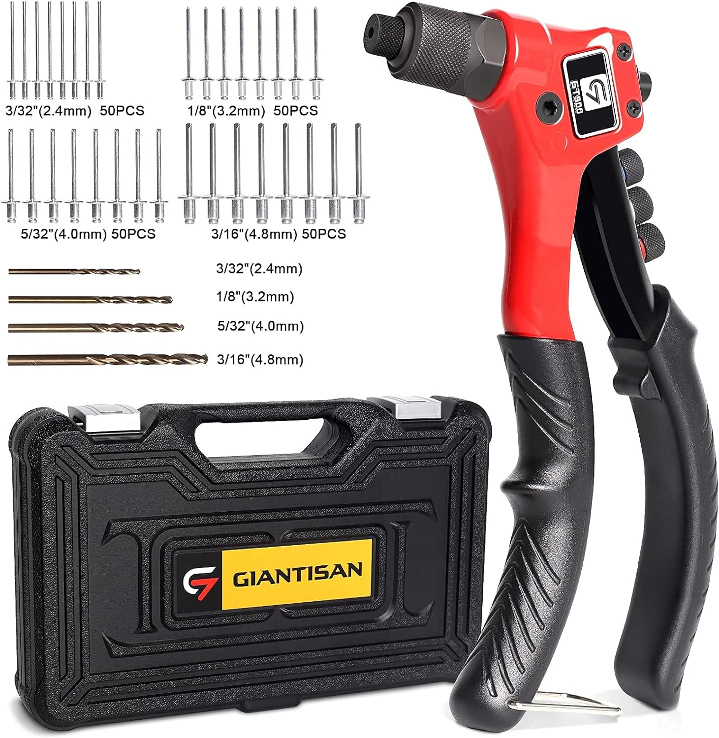 Rivet Gun, GIANTISAN Pop Rivet Tool Kit with 200 Rivets and 4 Drill Bits, Manual Hand Riveter Kit with Rugged Carrying Case image number 3