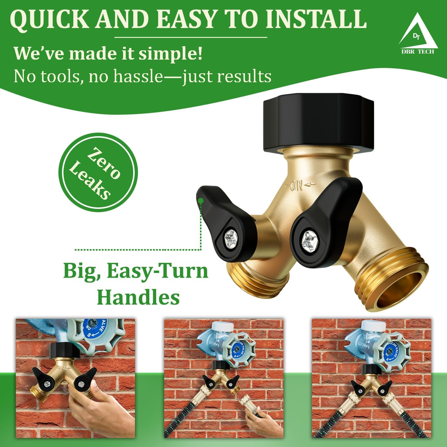 DBR Tech - Garden Hose Splitter 2 Way Lawn Garden Hose Splitter Heavy Duty Brass Tap Connector Leak Resistant Thread with Stop Valves image number 1