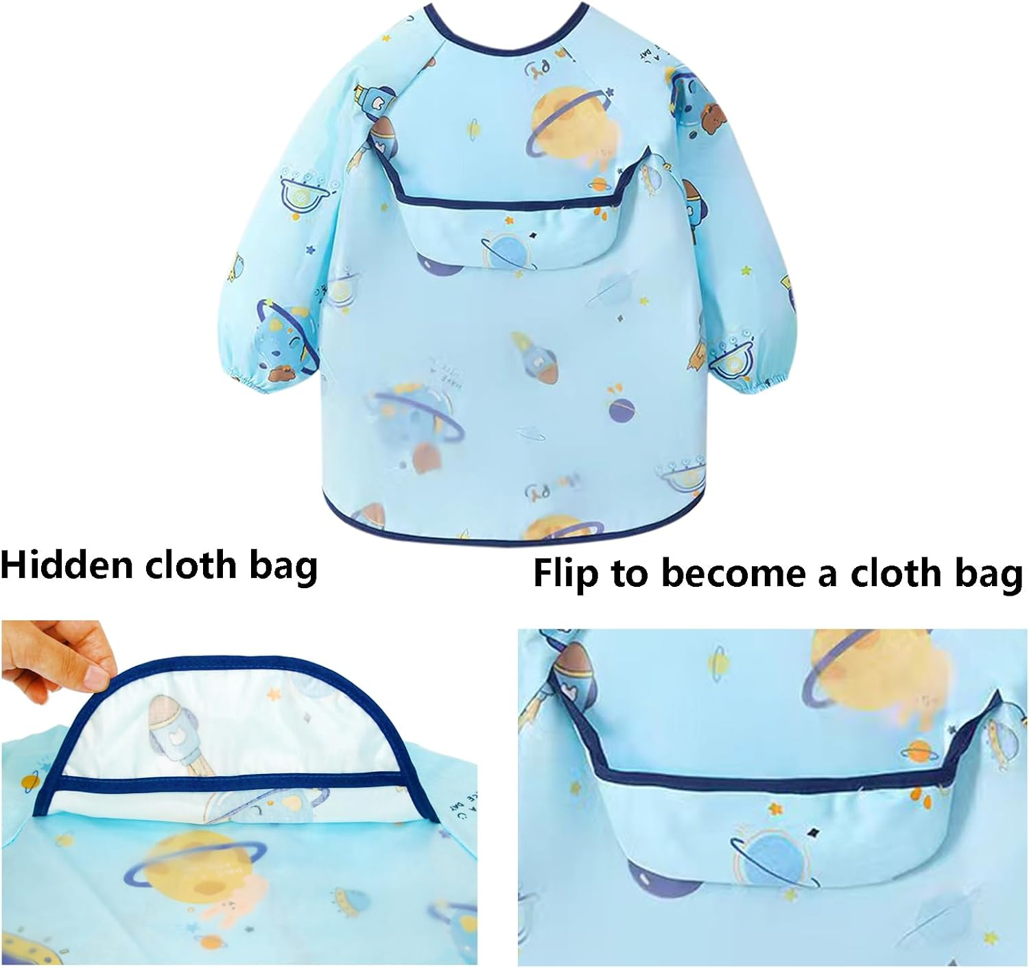 3 Pcs Long Sleeve Baby Bibs Set, Baby Smock Bib Infant Feeding Bibs with Food Catcher Pocket Waterproof, Wipe Clean Fit Toddler 3-24 Months image number 1