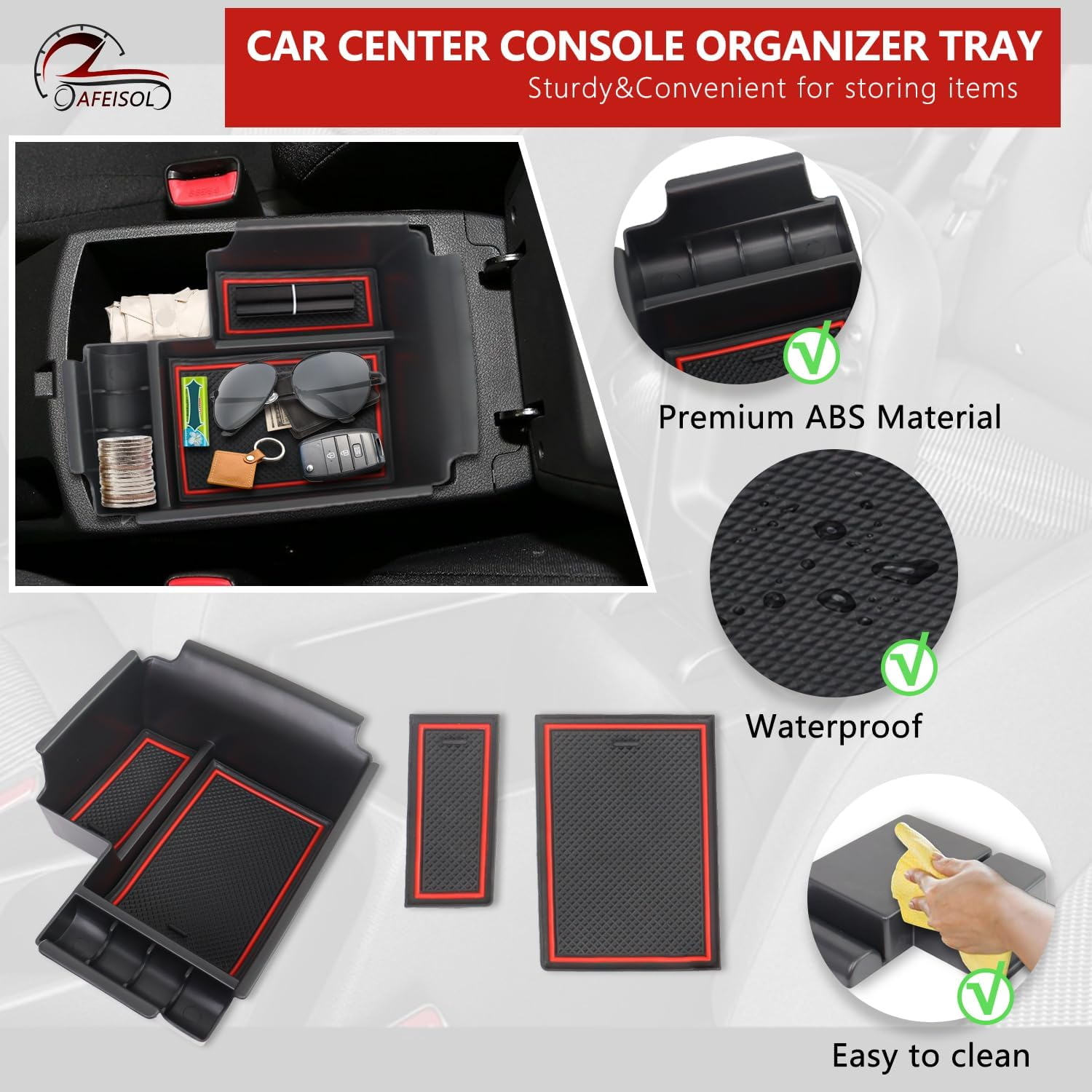 AFEISOL Center Console Organizer Tray Compatible with 2019-2024 Kia Forte GT/FE/EX/LX/LXS Interior Accessories, Insert Armsert Storage Box (Red) - Black image number 7