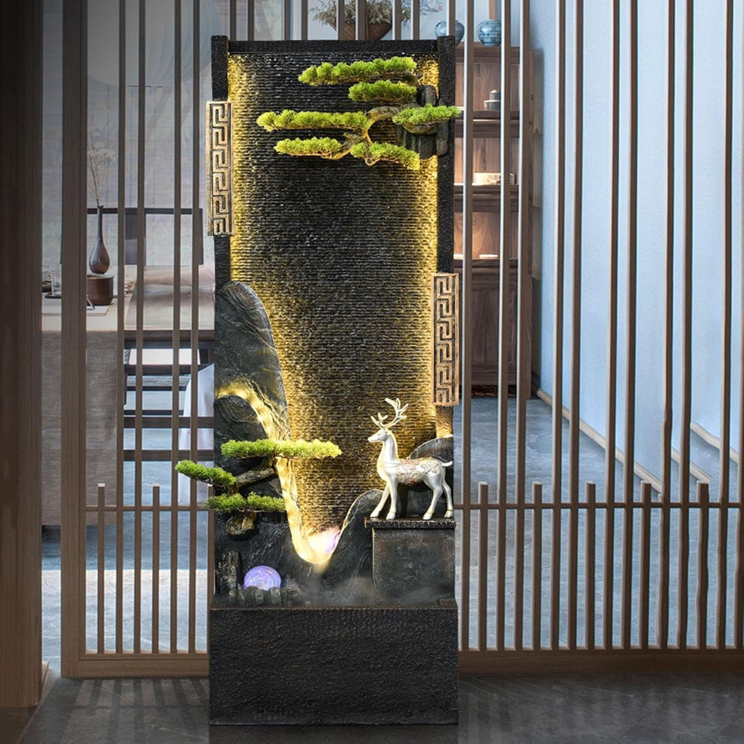 Outdoor Fountain Chinese-Style Circulating Water Curtain Wall Fountain with Artificial Mountain and Flowing, Floor-Standing Decorative Ornament, Suitable for Living Room or Office