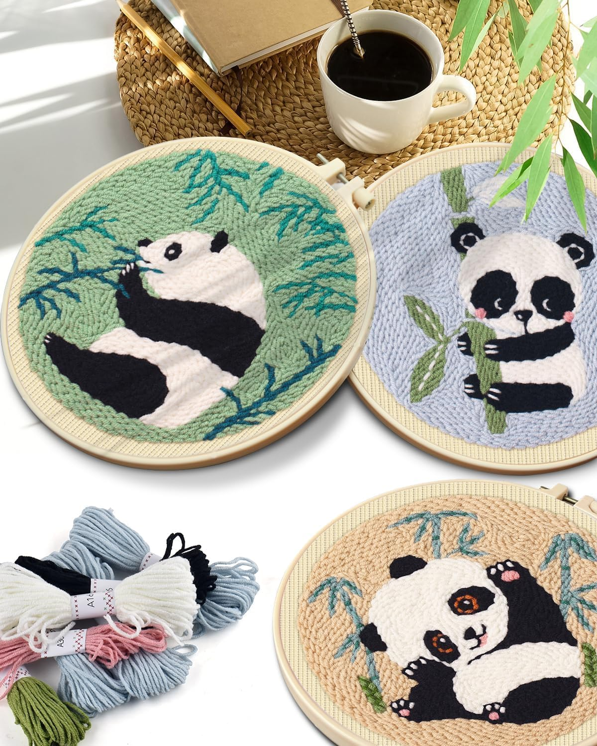 3 Sets Punch Needle Kits, Panda Punch Embroidery Kits for Adults Beginner, Tool with Punch Needle Fabric, Hoops, Yarns and Sewing Needles