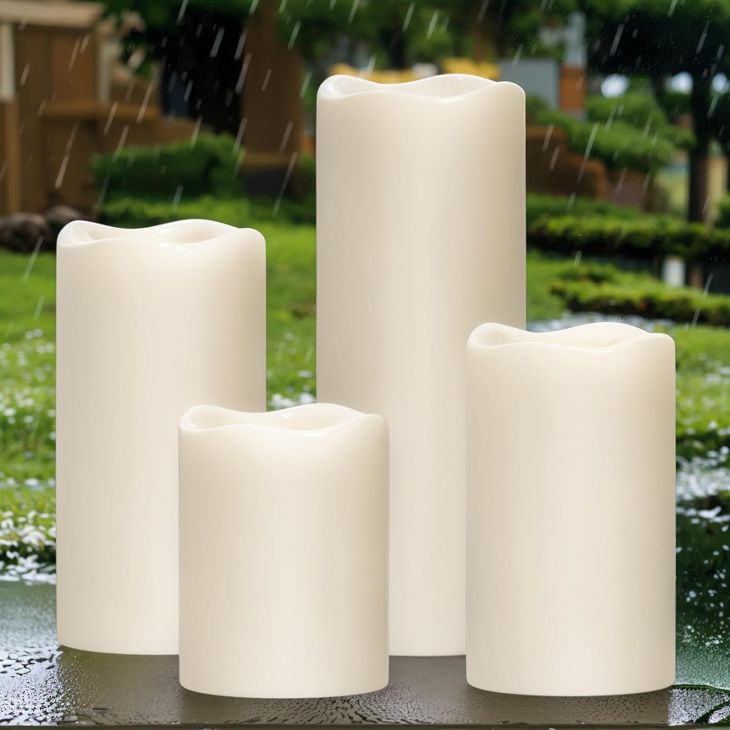 Eldnacele Waterproof Flameless Candles with Timer Function, Battery Operated Large LED Candles for Outdoor Garden Lanterns, Flickering Light, Set of 4, Cream image number 2