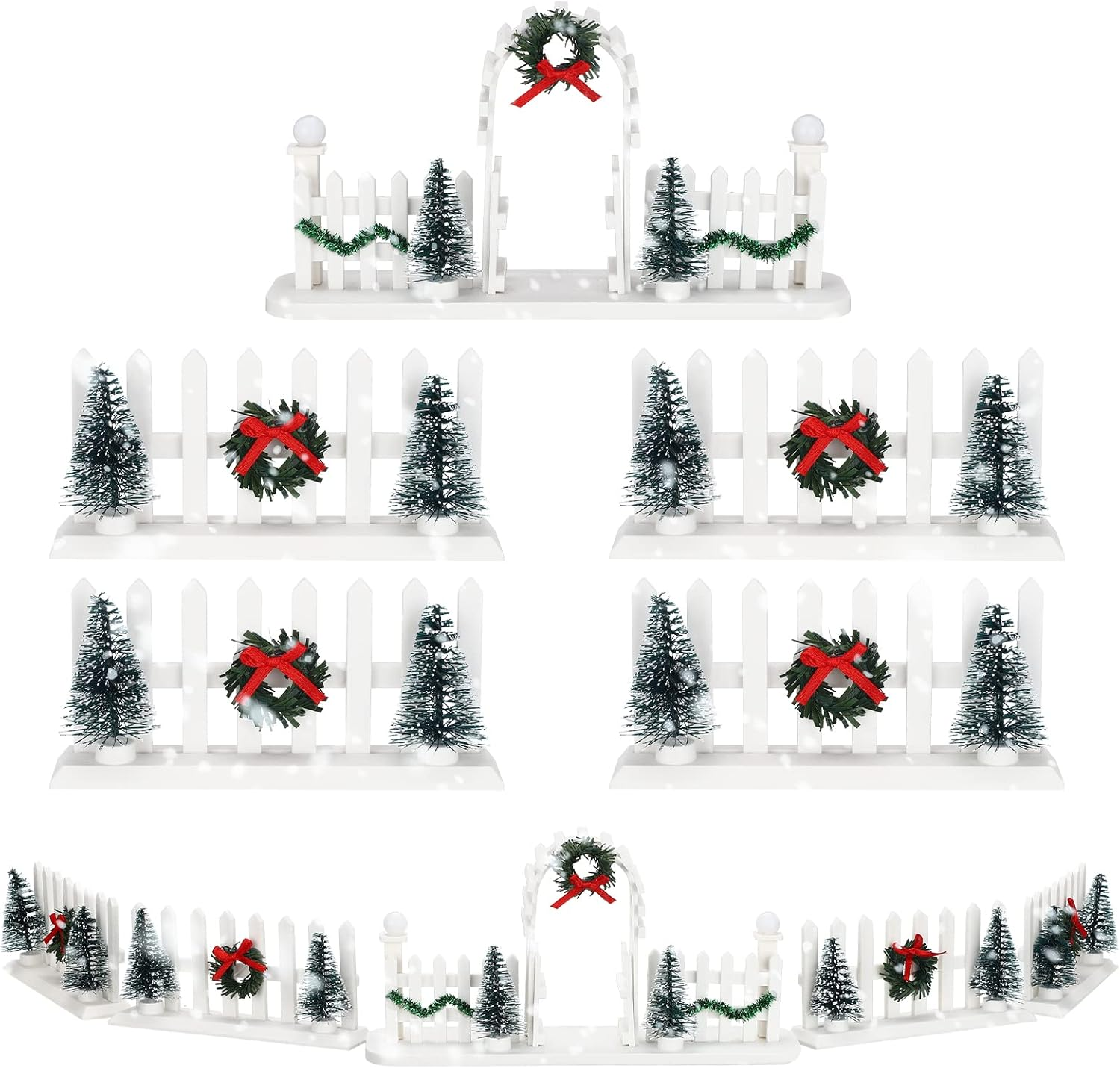 5 Pcs Christmas Village Decorative Fences Entry Gate Lit Figurine Christmas Wreath Tree Picket Fence Snow Accessories for Village Collections Snow Fence Figurine（White Series）