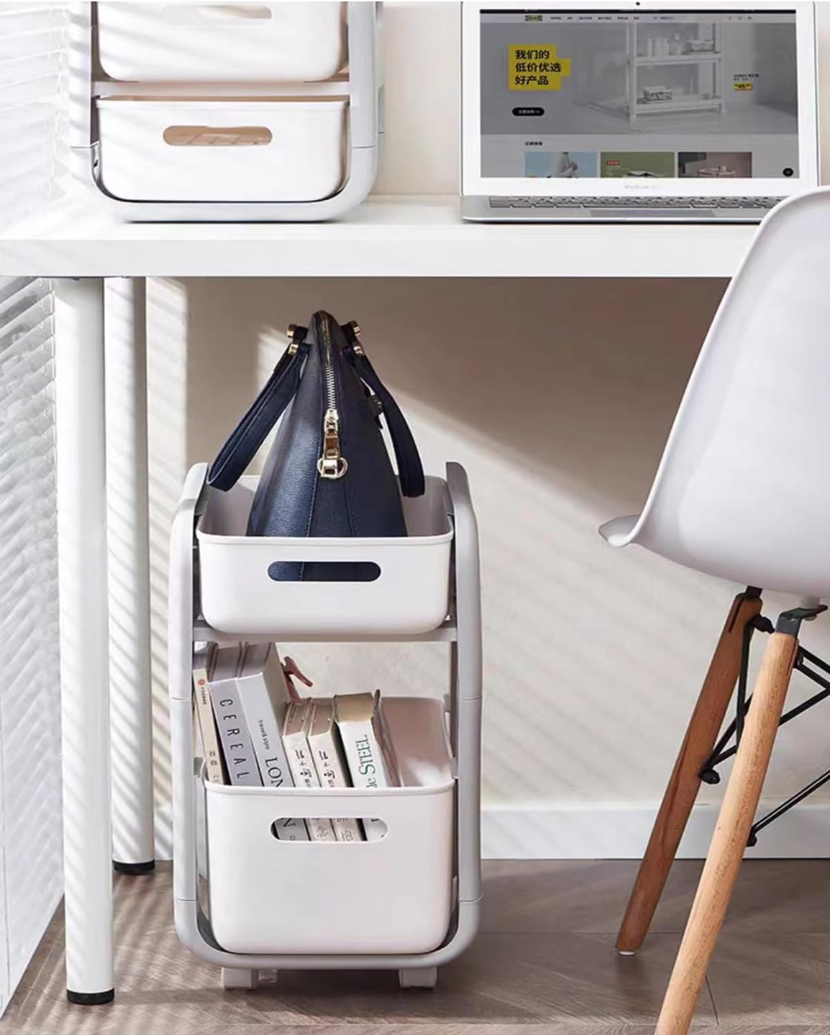 2 Tier Organizer Basket Under-Sink Storage Pull-Out Sliding Drawer Rolling Cart Trolley with Lockable Wheel for Kitchen Bathroom Bedroom Office Pantry (Big Size) image number 3