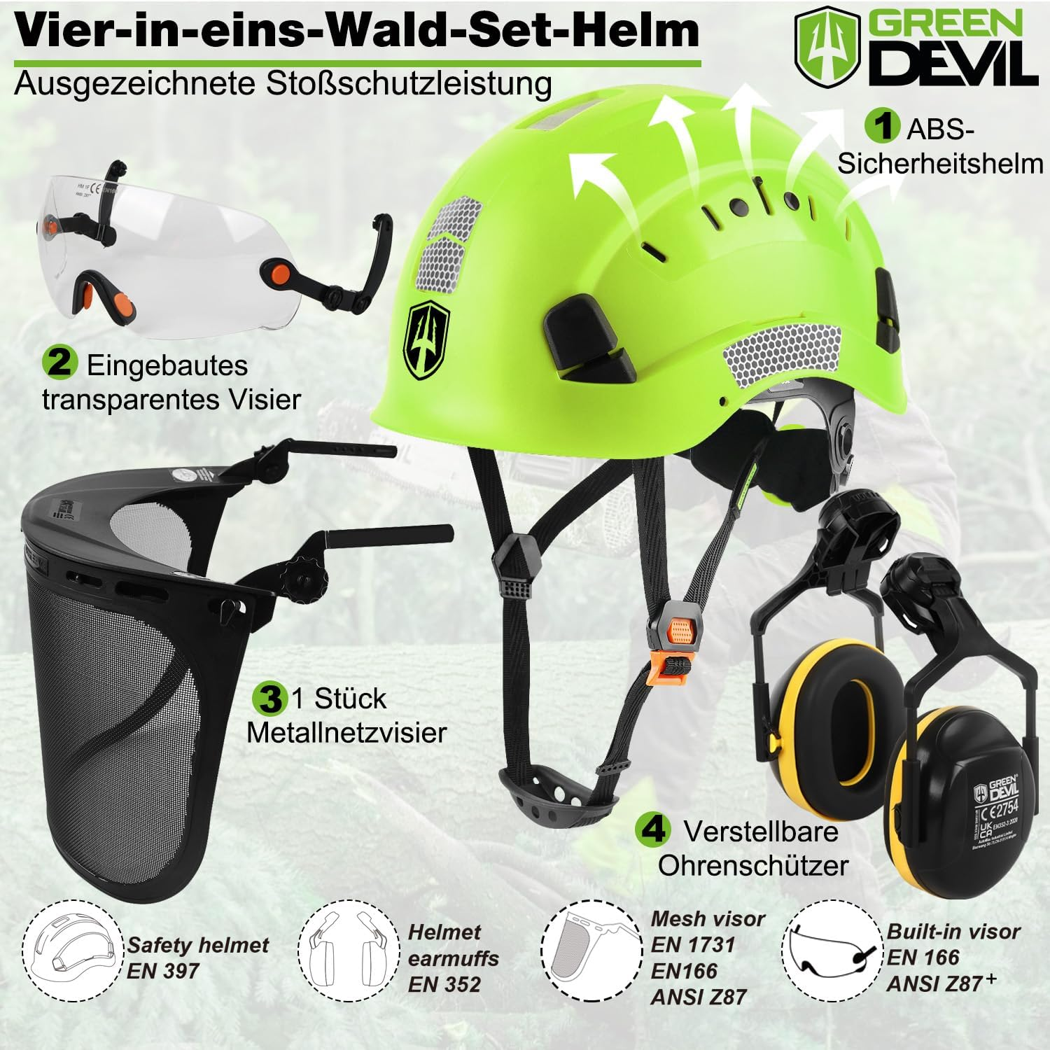 GREEN DEVIL Forestry Chainsaw Safety Helmet EN397 Certified - 5-In-1 System with Mesh Face Protection, Built-In Visor & Earmuffs - Ventilated, for Logging and Gardening - Unisex - Green image number 6