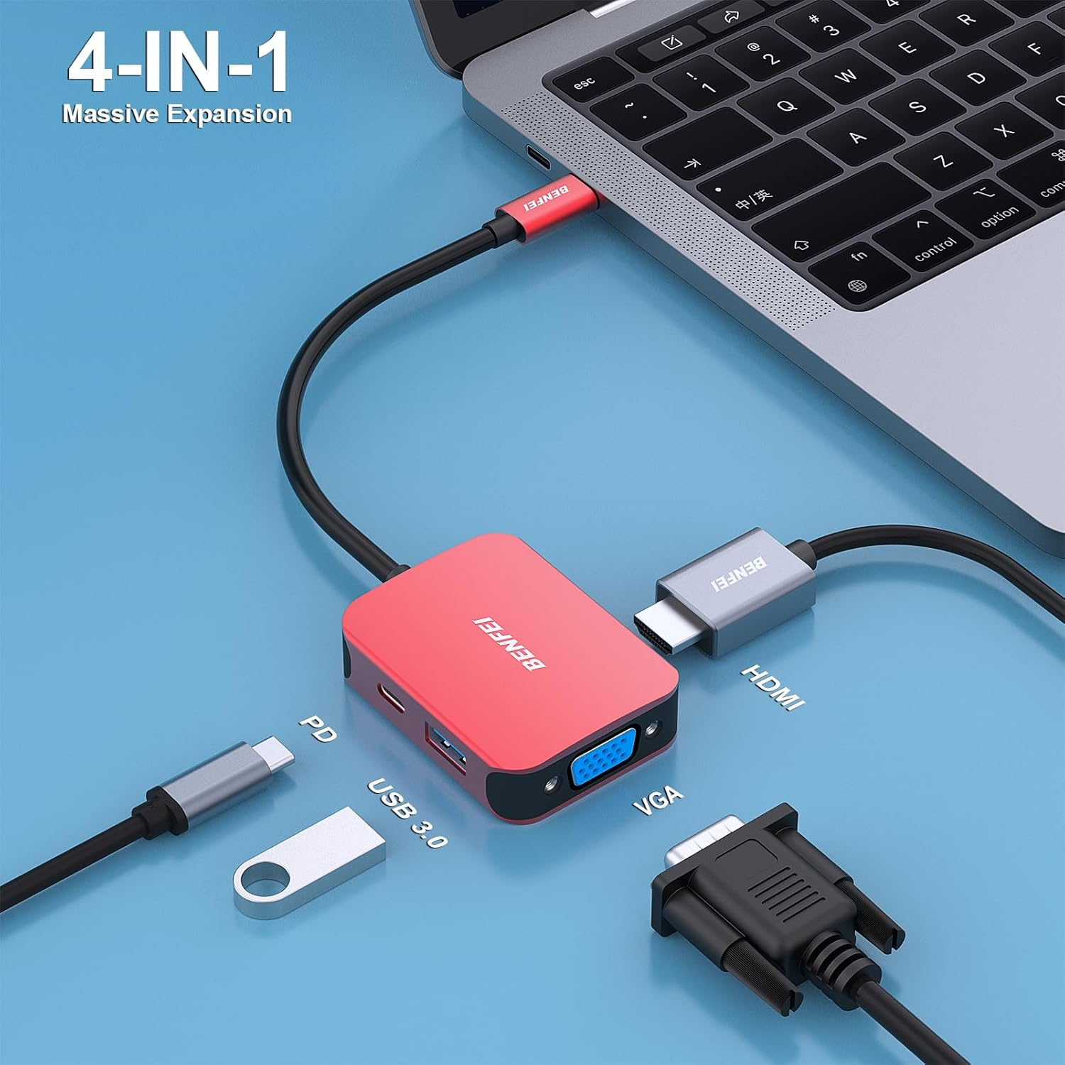 BENFEI USB C HUB 4In1, USB Type-C to HDMI VGA Adapter, USB C to USB Adapter, USB Type-C Power Delivery, Compatible for Macbook Pro 2023/2022/2021/2020,Surface Book 2, Dell XPS 13/15, Pixelbook - Black image number 4