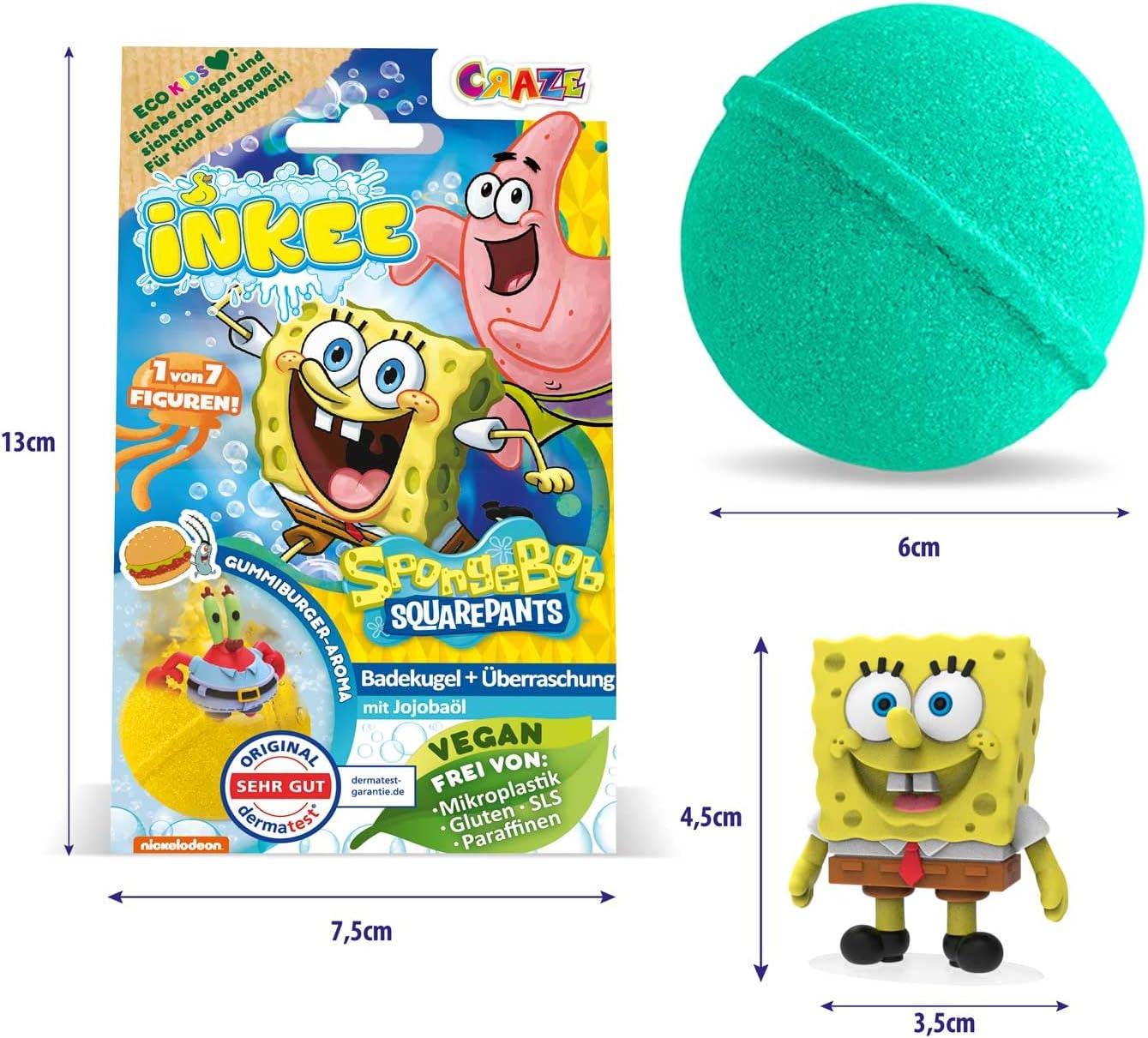 INKEE Spongebob - Bath Bomb Children with Surprise - Spongebob Squarepants Figures to Collect - Bath Ball 80 G with Burger Rubber Aroma and Jojoba Oil, Turquoise or Yellow image number 1