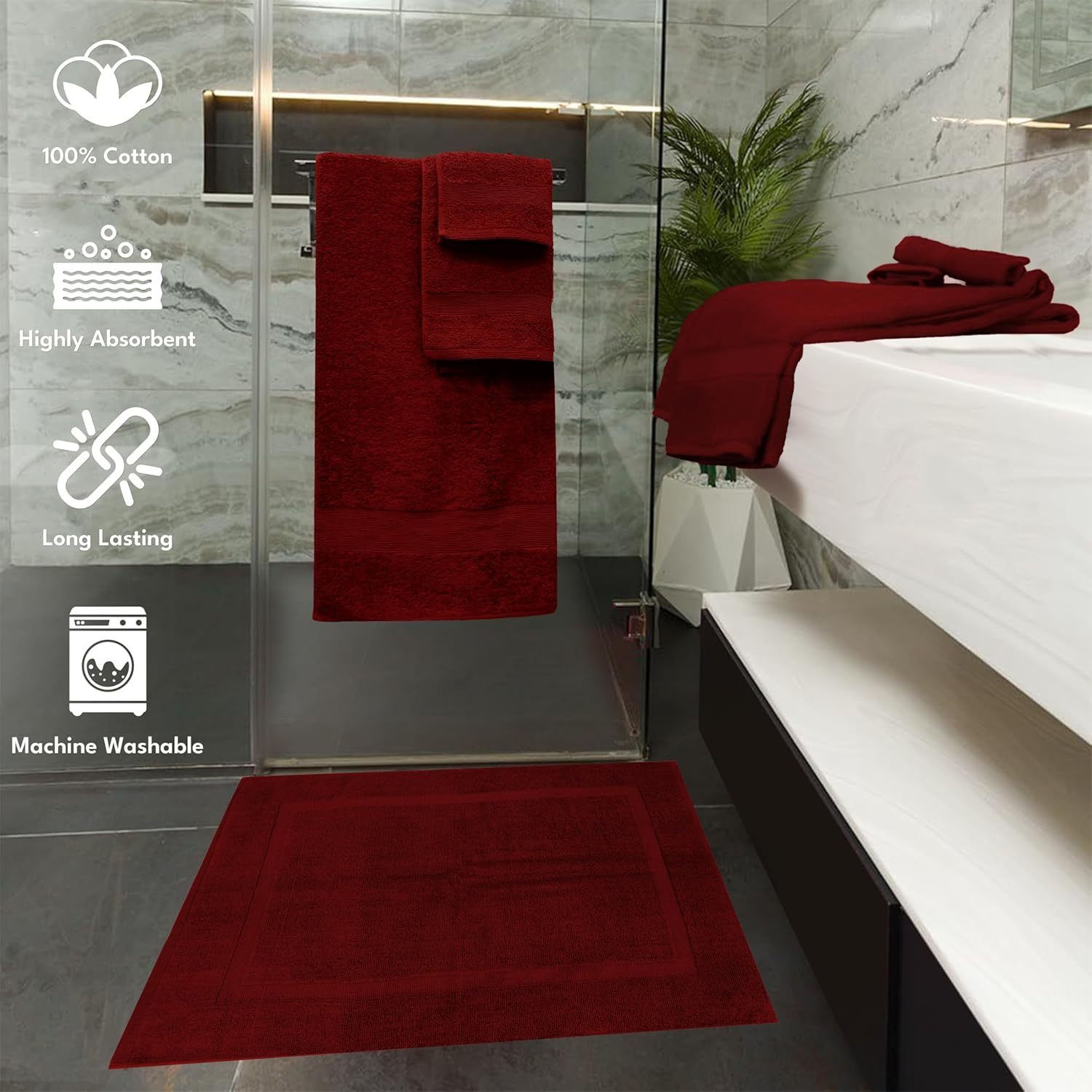 GABA Burgundy Luxury Bath Towels, Egyptian Cotton, Hotel & Spa Quality, Set of 7, Bath Towel Set with Bath Mat, 2 Bath Towels, 2 Hand Towels, 2 Washcloths, Ultra Soft (Burgundy) image number 1