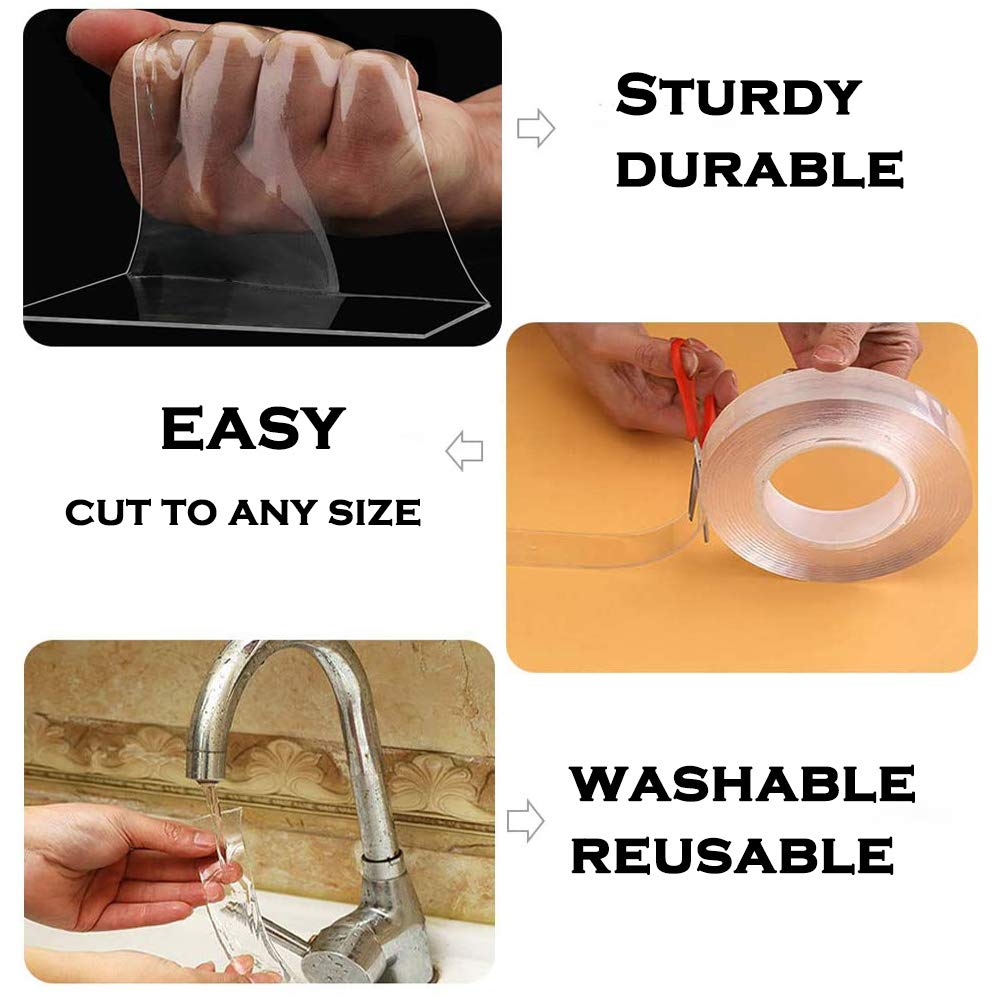 Heavy Duty Double Sided Nano Transparent Tape 3 Meter (10 Feet) Hanging,Instant Strong Hold,Removable,Trace Less and Multi-Function Adhesive Mounting Sticky Wall Strips (1Mm Thickness) image number 5