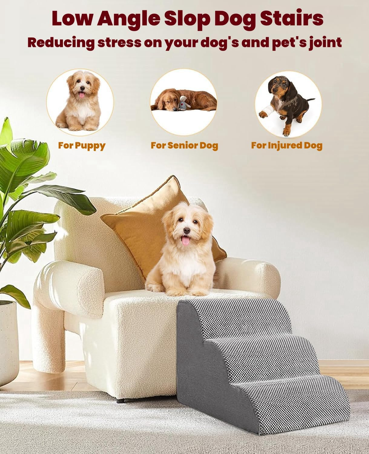 CHIEFAWAY Dog Stairs Ramp, 3-Tiers Dog Steps Suitable for Beds and Couches, Non-Slip Pet Steps with Waterproof Fabric Cover, Removable Indoor Dog Slope Stairs for Small Dogs and Cats image number 6