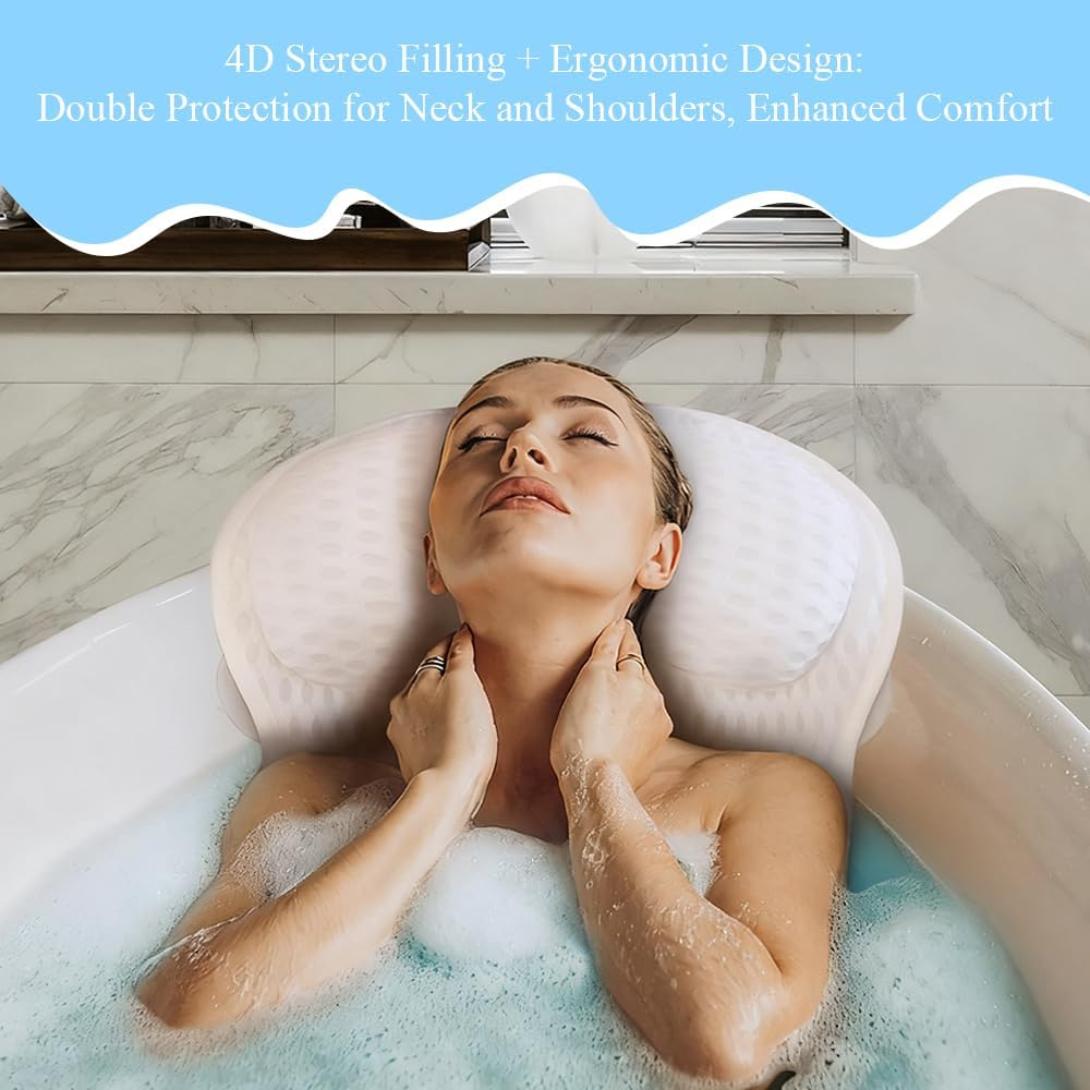 Bathtub Cushion,With Non-Slip Suction Cups,Machine Washable 4D Bath Pillow,Back Support Bath Pillow,Relaxing SPA Accessories,For Relieve Head,Shoulder,Neck Fatigue image number 4