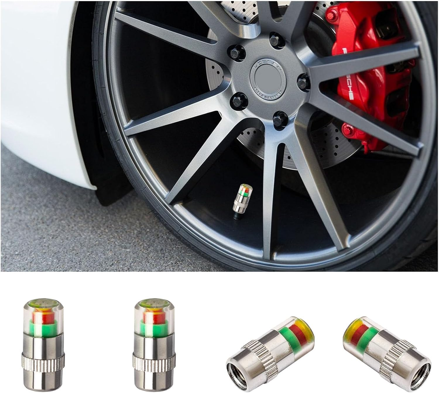 4 PCS Tire Pressure Monitor Valve Stem Caps, 2.4 Bar 36 PSI Car Tire Pressure Monitor Sensor Indicator with 3-Color Eye Alert, Universal Valve Stem Caps for Cars, Suvs, Trucks (Silver)