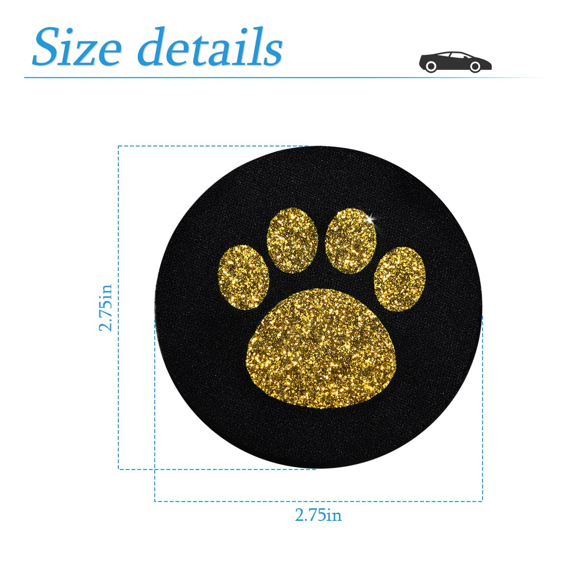 AUCELI 2 Pack Car Cup Holder Coasters, 2.75In Bling Glitter Rhinestone Paw Print Cup Coaster, Rubber Non-Slip Insert Auto Drink Mat, Universal Car Interior Accessories for SUV, Truck, RV (Golden) image number 2