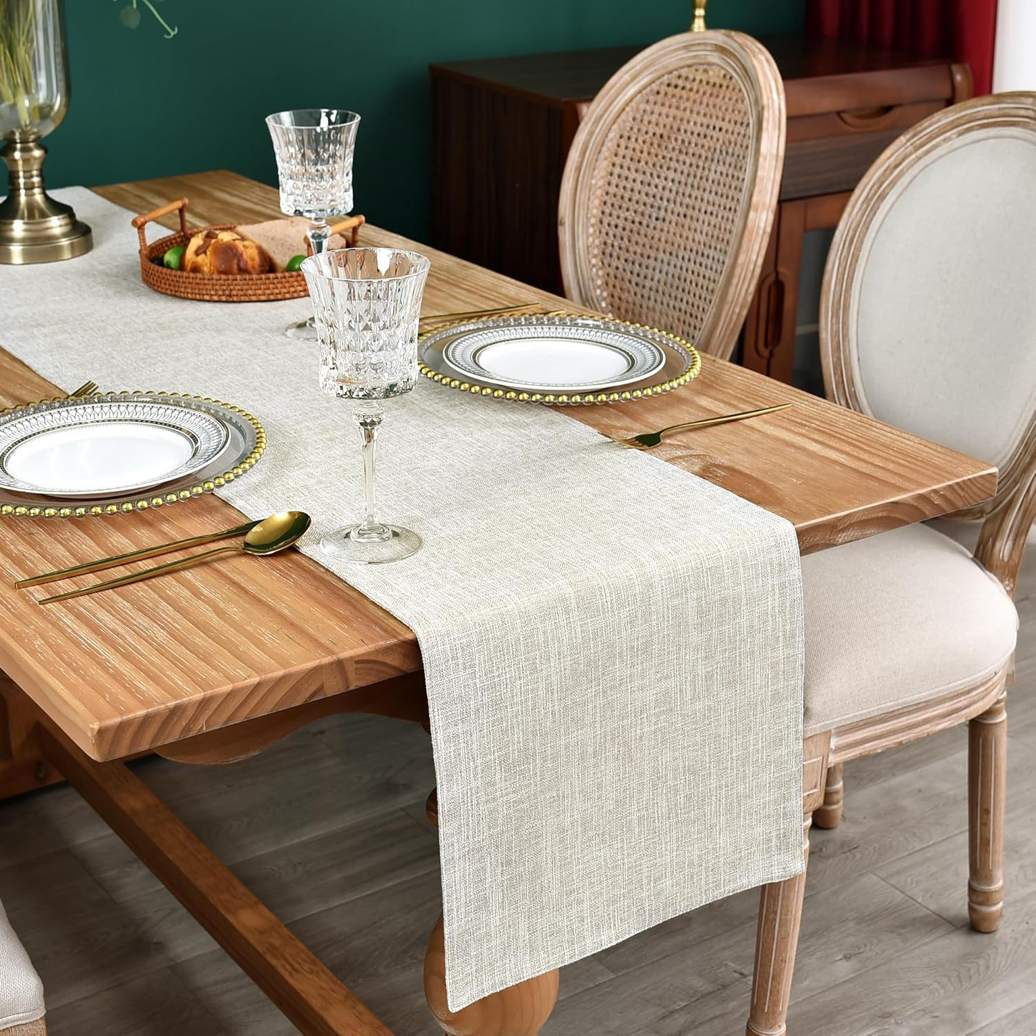 Reversible Double Layer Table Runner Faux Linen Fabric Beige Table Runners Elegant Rustic Farmhouse Runners for Kitchen Dining Coffee Table 13X48 Inch (33X122 Cm) image number 4