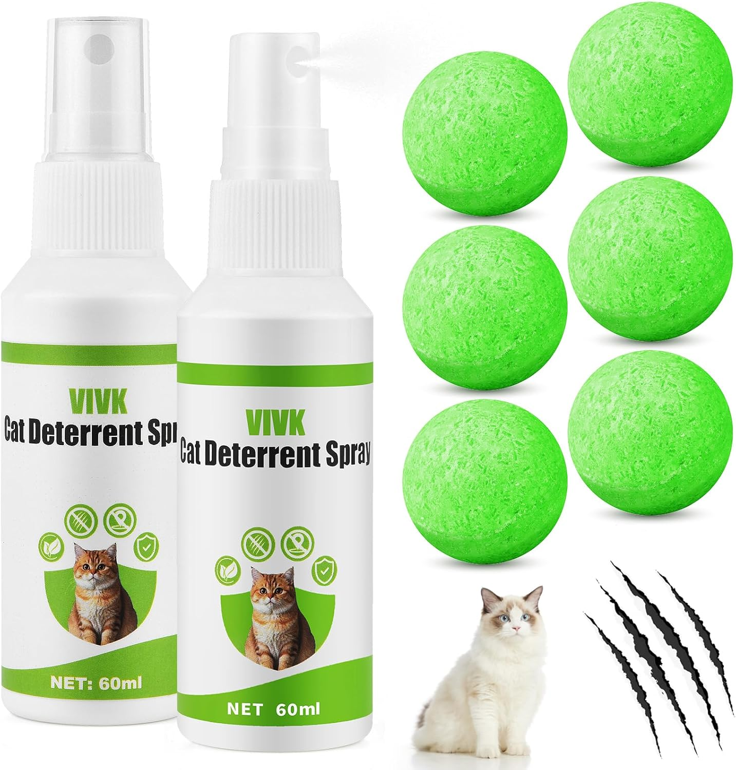 VIVK Cat Deterrent Spray with 6 Balls, Indoor Outdoor Natural Safe Cat Deterrent for Furniture Garden Carpet Yard Lawn, Training Aid Spray, Effective against Scratching & Chewing