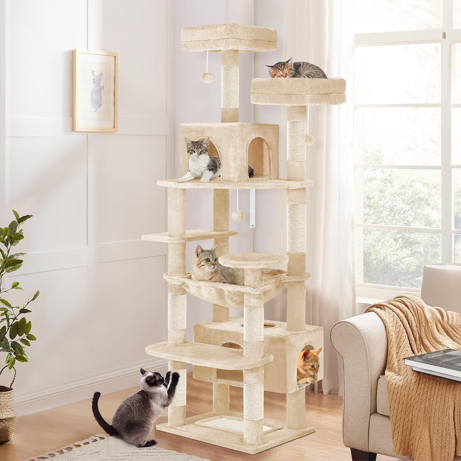 BEASTIE Cat Tree Play Tower 184Cm Tall, Multi-Level Kittens Scratching Post Tower with Scratching Pad, Multi-Story Pet Dens Condo Wood House Furniture with Sisal Scratcher Poles for Kitty, Black