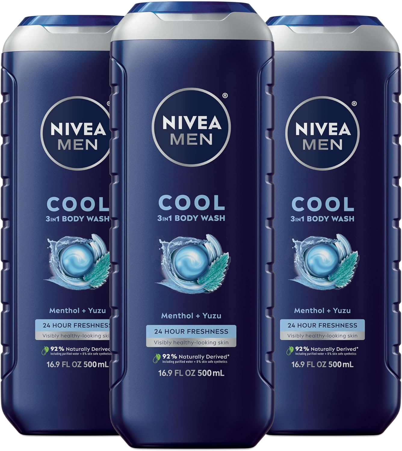 NIVEA Men Cool 3-In-1 Body Wash - Shower, Shampoo, and Refresh with Cooling Icy Menthol - 16.9 Fl. Oz. Bottle (Pack of 3) (Packaging May Vary) image number 3