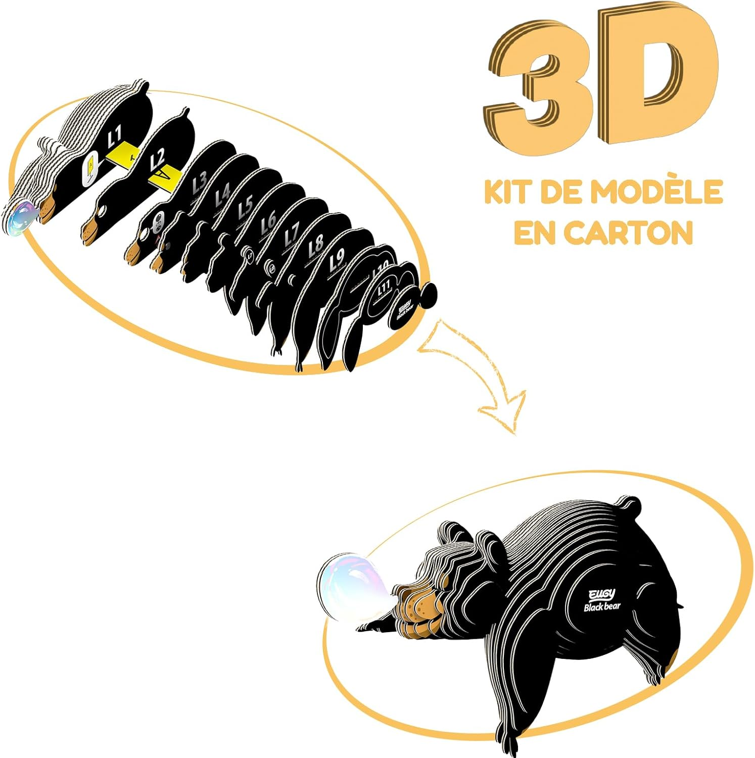 EUGY 081 Black Bear 3D Puzzle - 24 Piece Eco-Friendly Educational Toy Puzzle for Boys, Girls & Kids Ages 6+ image number 3