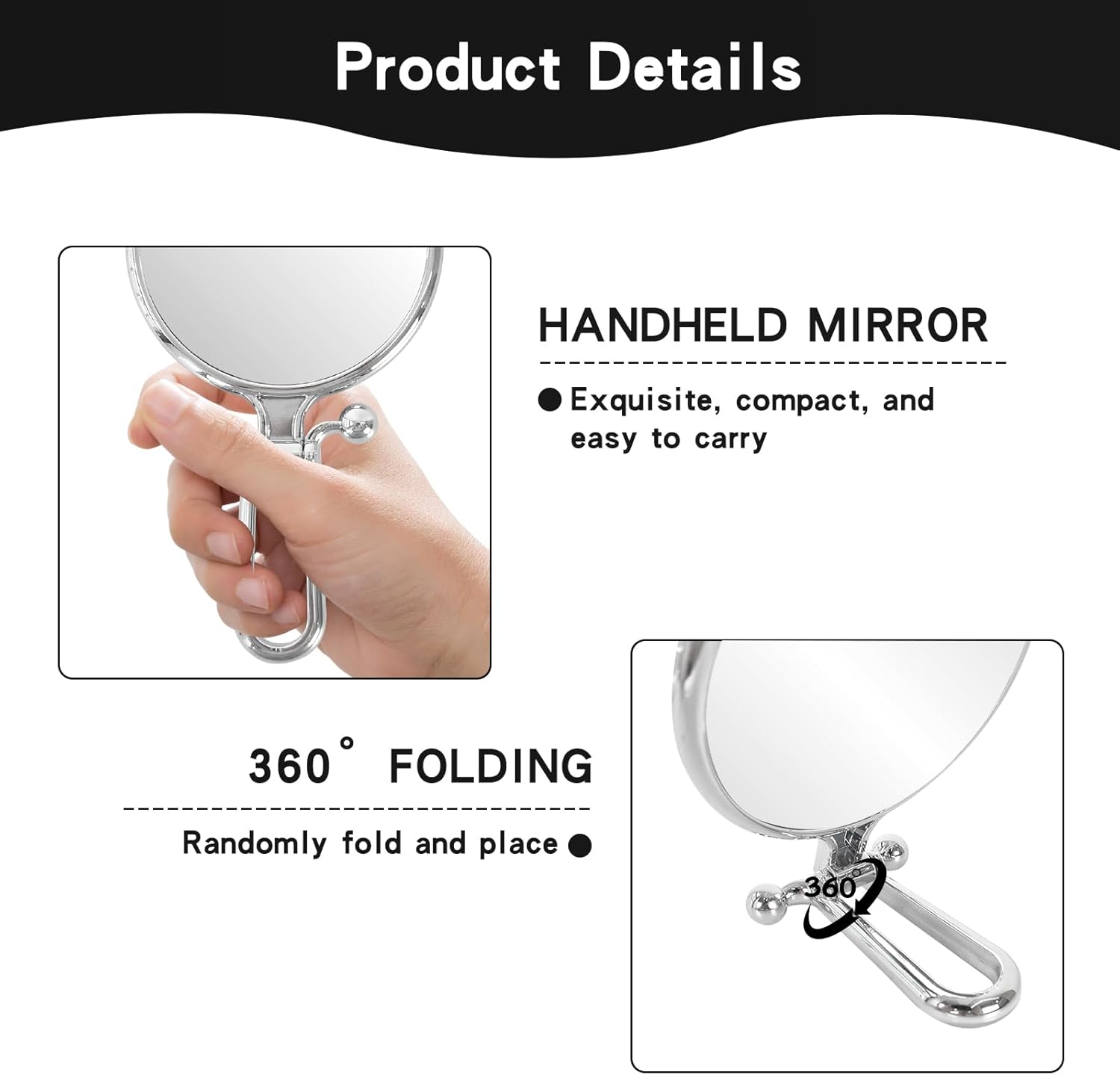 Hand Mirror, Magnifying Mirror 10X/1X, Handheld, Double Sided Travel, Hand Mirror with Handle, Hand Held Compact Mirror Portable Foldable Makeup Mirror (Silver) image number 2