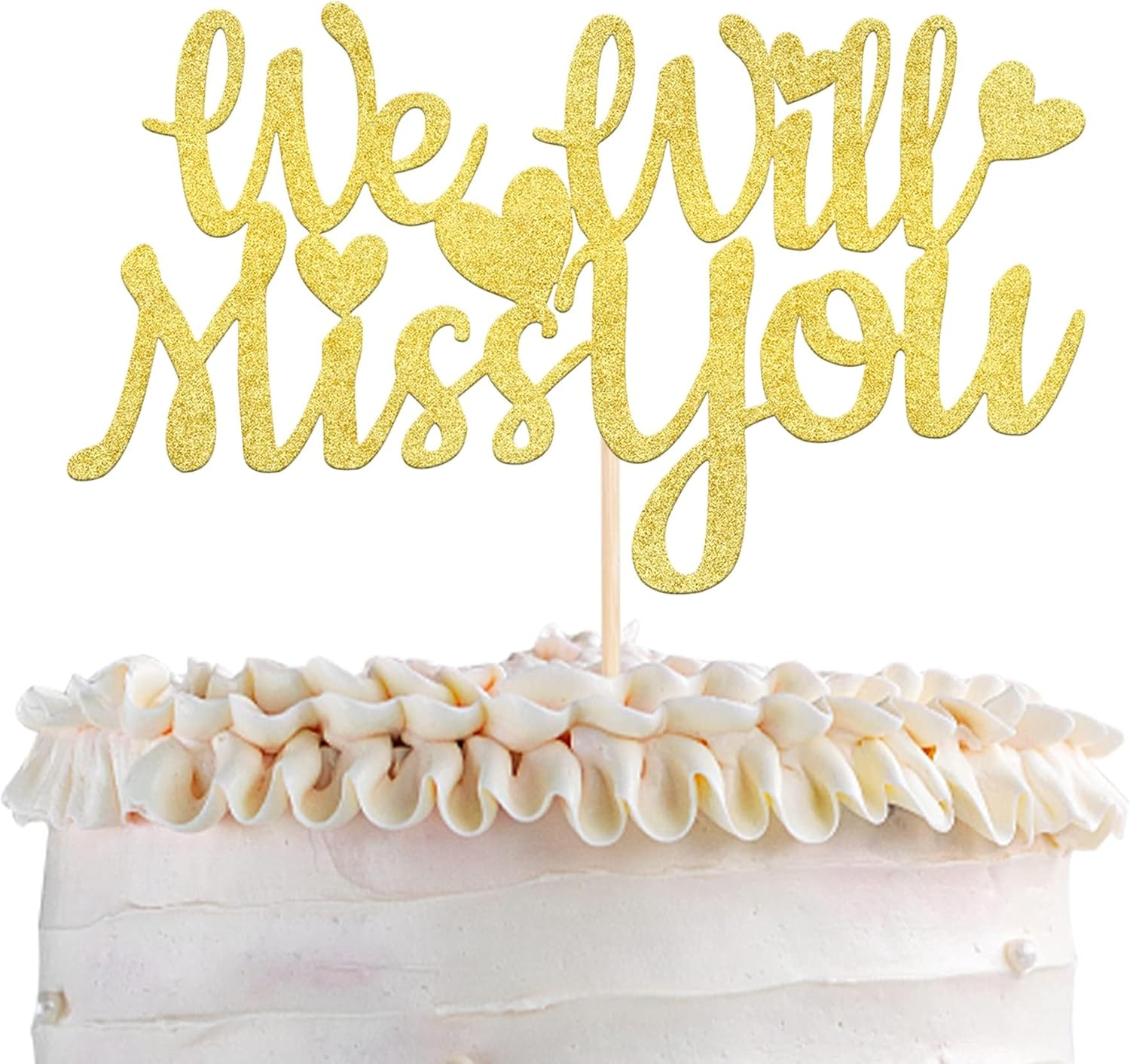 SYKYCTCY 1 Pack We Will Miss You Cake Topper Glitter Love Heart Good Luck Cake Pick Retirement Theme Going Away Party Cake Decorations Gold