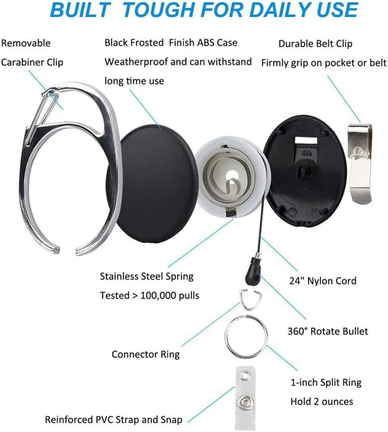 SOVYOULIVE 30 Packs Heave Duty Badge Reels Retractable with Carabiner Belt Clip and Key Ring, Badge Holders for ID Card Name Keychain(Black, 26.5 Inch Pull Cord) image number 3