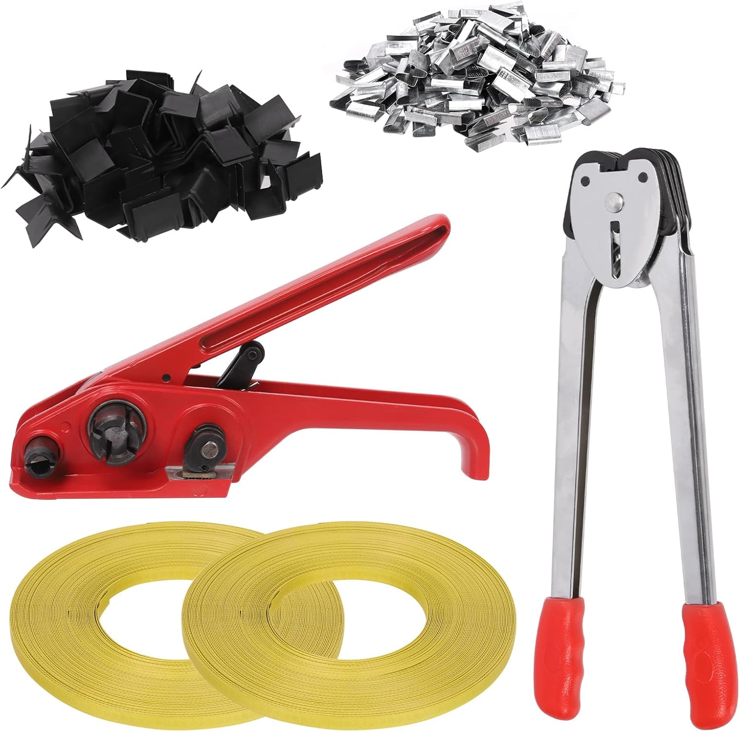 Swpeet 284Pcs Pallet Packing Strapping Tool, Heavy Duty Banding Tool Sealer, 4 in 1 Strapping Kit PET Strapping Sealer, 100Pcs Cardboard Edge Protectors, 180Pcs Metal Seals for Packing image number 2