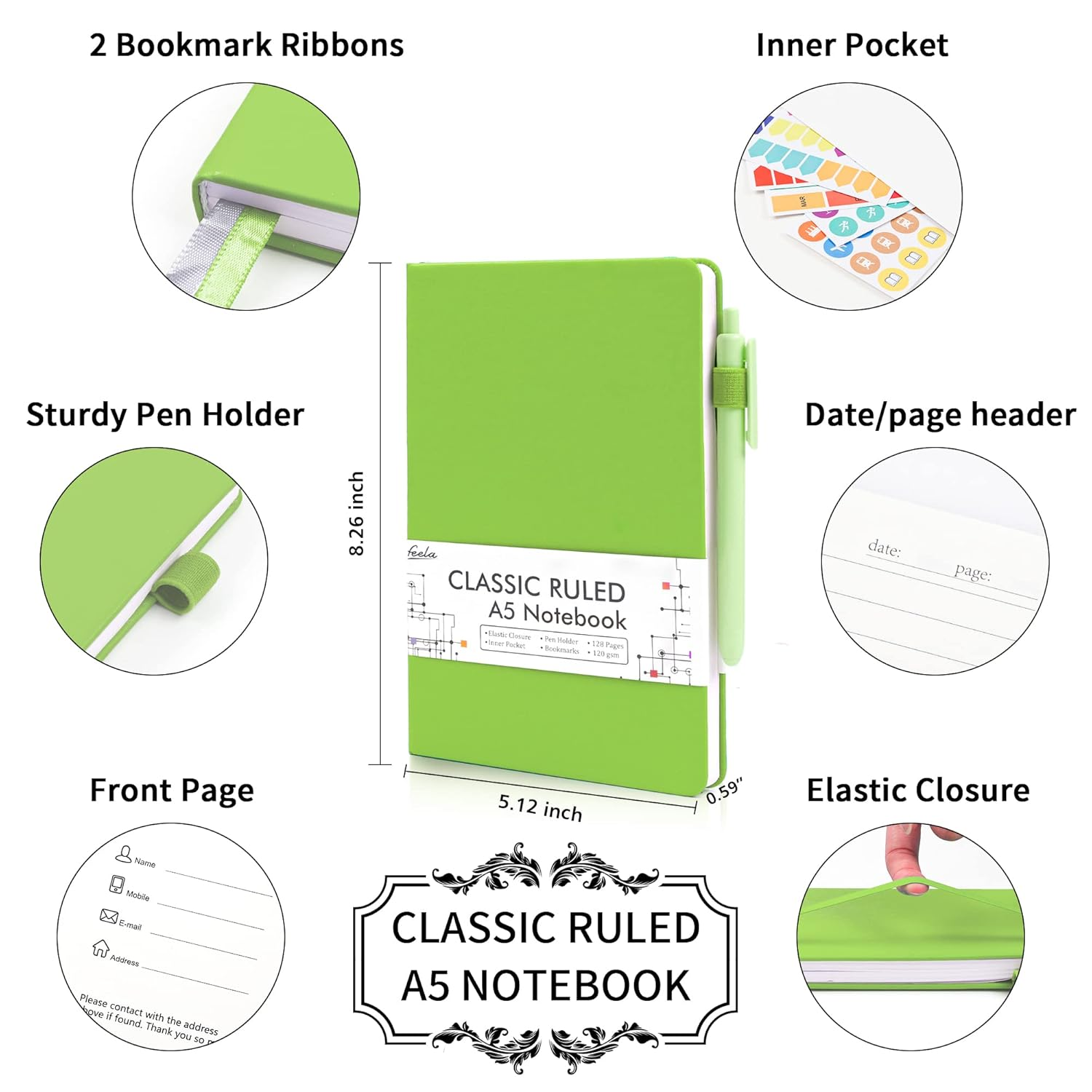 Feela 3 Pack Notebook Journals Bulk, Hardcover Notebooks Classic Ruled Lined Journals with Pen Holder for Women Girls School Business Supplies, with 3 Black Pens, 120 GSM, 5.1&rdquo;X8.3&rdquo;, A5, Green image number 5