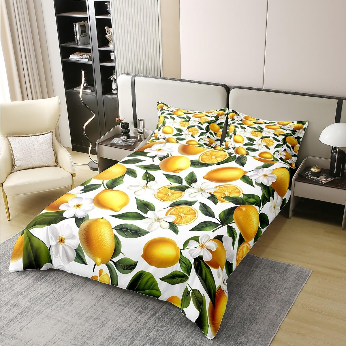 Homewish Lemon Cotton Bedding Set 135 X 200 Cm Summer Fruits Tropical Duvet Cover for Children Boys Girls Botanical Flowers Floral Bed Linen Hawaii Farmhouse Bed Set Modern Bedroom Decor image number 2