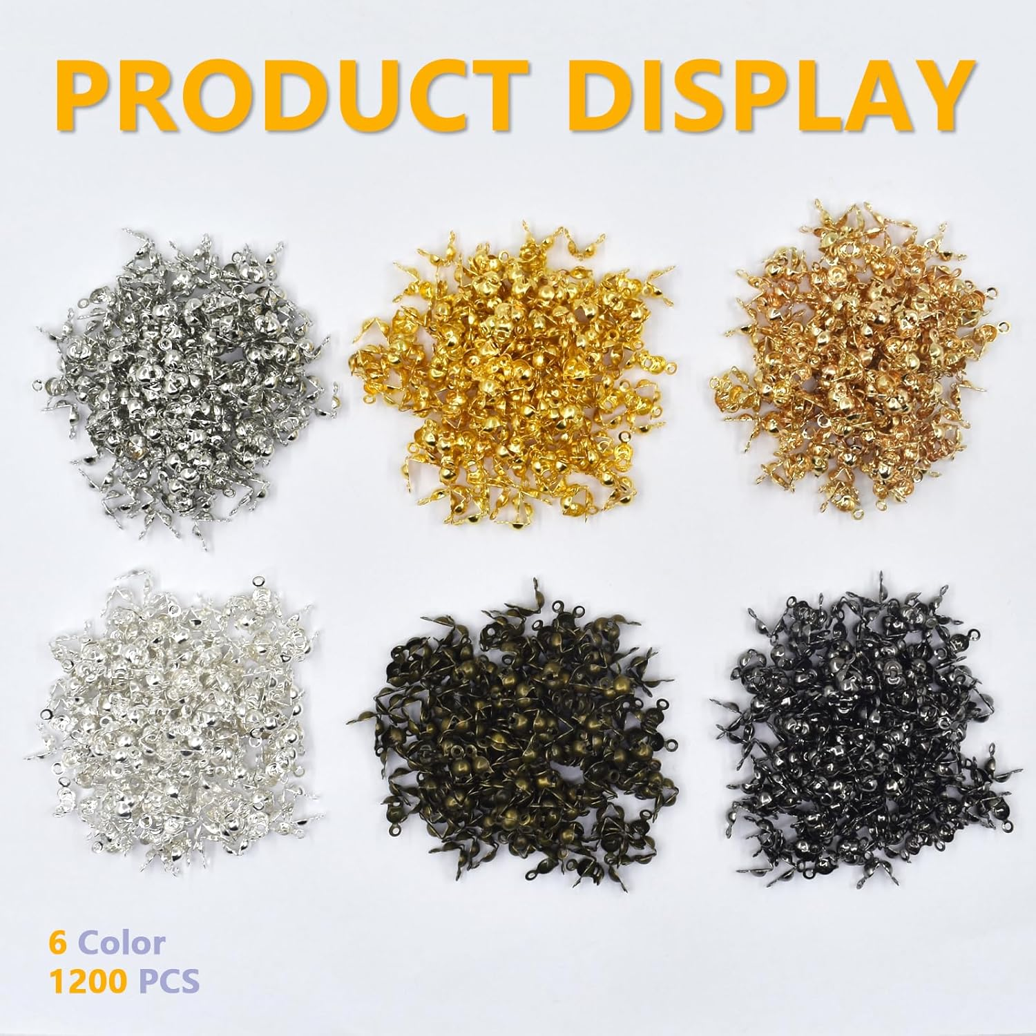 1200Pcs Clamshell Crimp Beads Tips Knot Covers Set Fold-Over Beads Caps for Jewelry, Necklace, Bracelet, Earrings, DIY Crafts Making, Connect Hook and Strings, 6 Colors image number 5