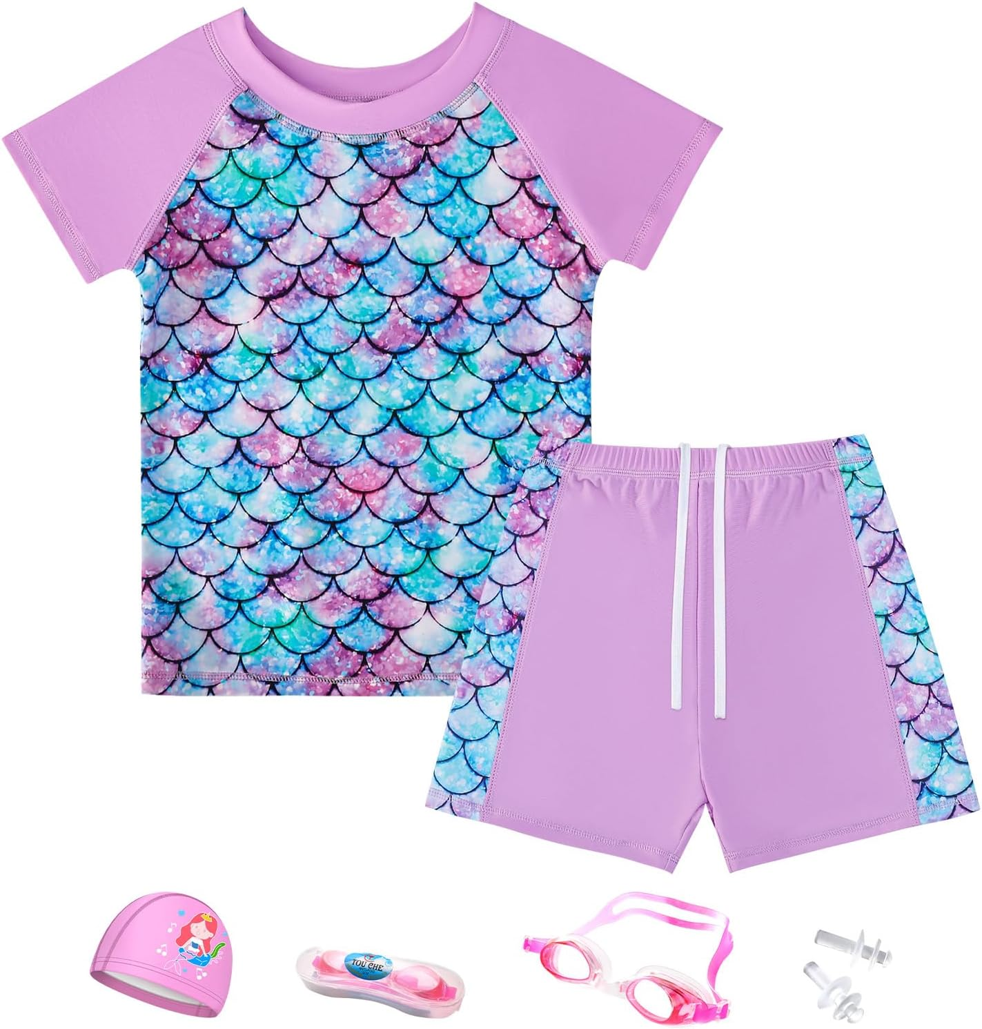 Slowton Girls Short Sleeve Swimsuit, 4 Piece Rash Guard Set Short Sleeve Bathing Suit with Swimming Cap and Goggle, Summer Quick Dry Swimwear for Kids Girls 5-12 Years image number 2