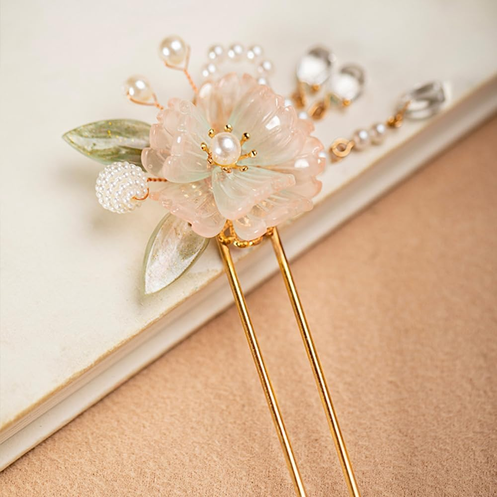 Rabithenn Rainbow Pink Chrysanthemum Pearl Tassels Chinese Hanfu Metal Handmade Hair Clip Hair Accessories for Women Girls Long Hair (Rainbow Flower) - Rainbow Flower image number 4