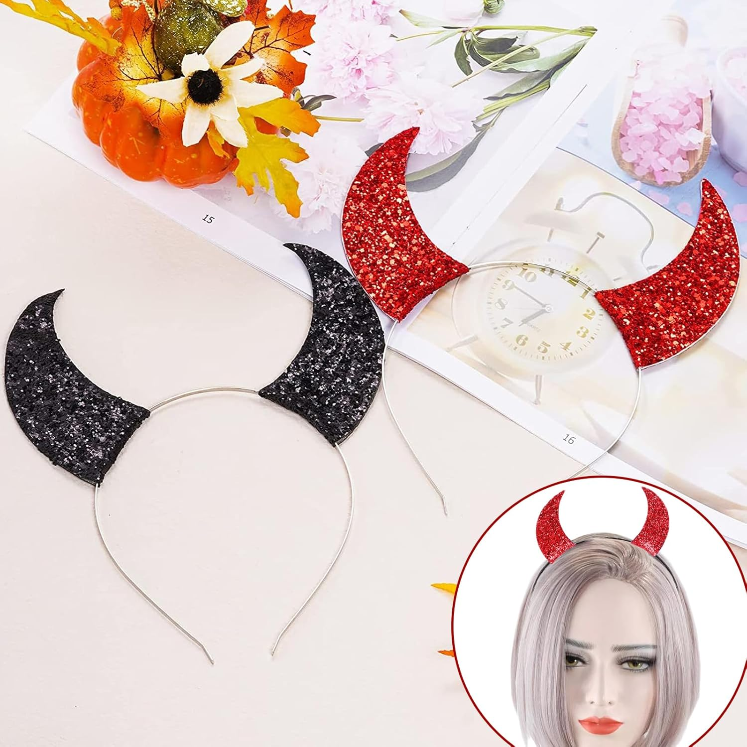 OHEETU 2 Pcs Halloween Devil Horns Glitter Red Black Headband Headband Costume Accessory for Cosplay Party image number 1