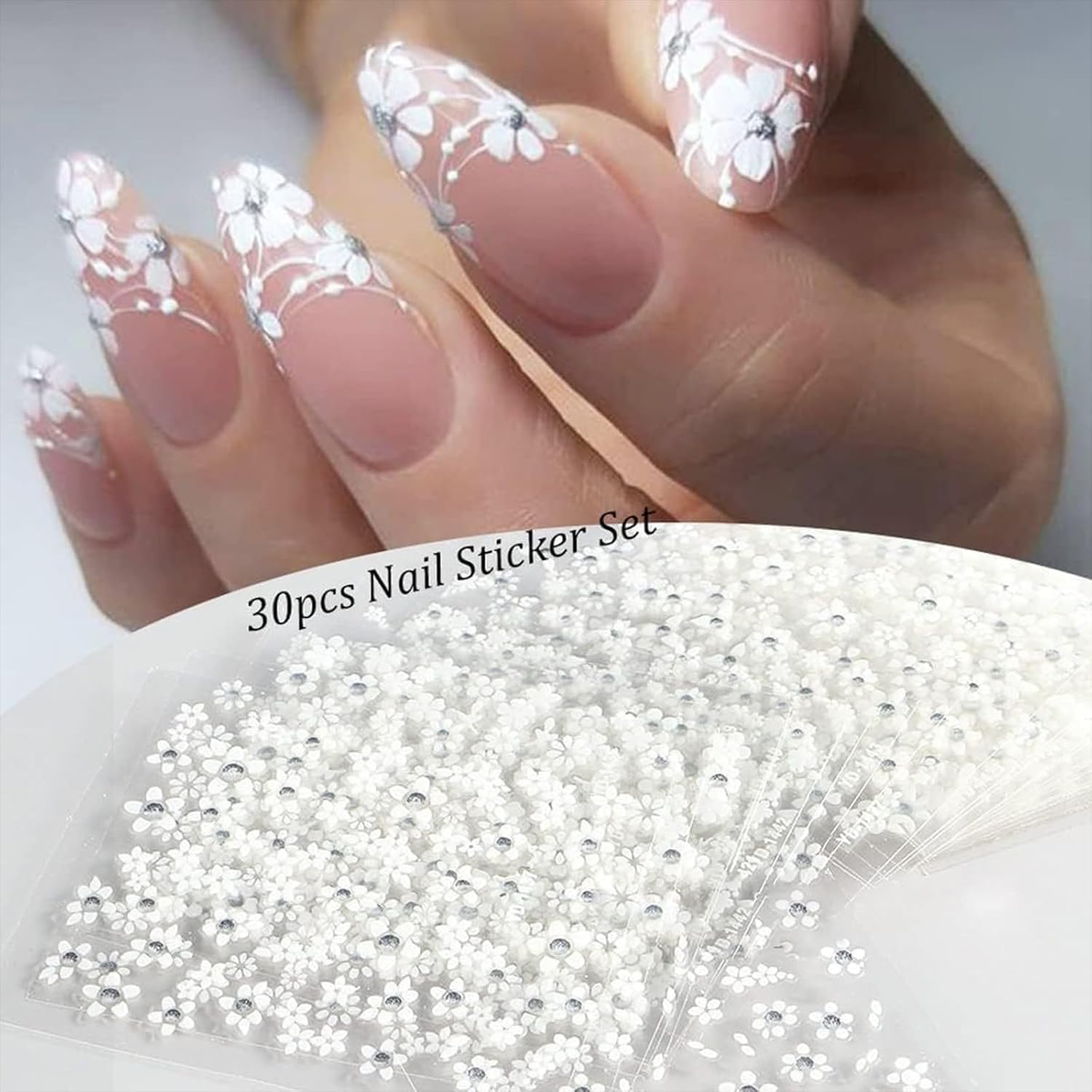 30 Sheets White Flower Nail Art Stickers with Rhinestones, 3D Nail Decals Self Adhesive for Nails Decorations for Women Girl image number 6