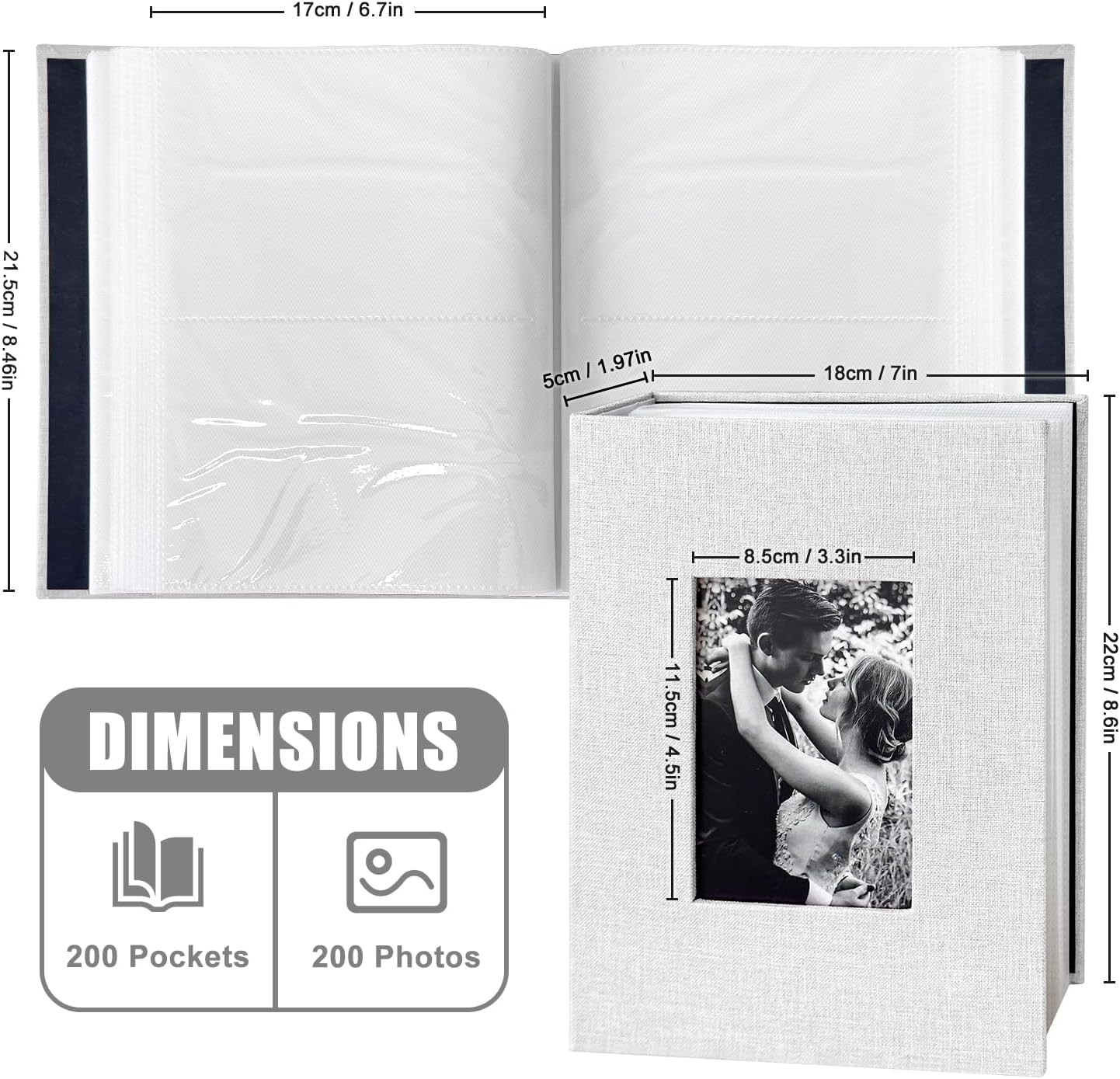 200-Pocket Photo Album 4X6 - Slip-In Picture Album with Linen Cover & Display Window, Vertical Photo Book for Wedding, Family, Baby, Anniversary & Vacation Memories (Holds 200 Photos) image number 4
