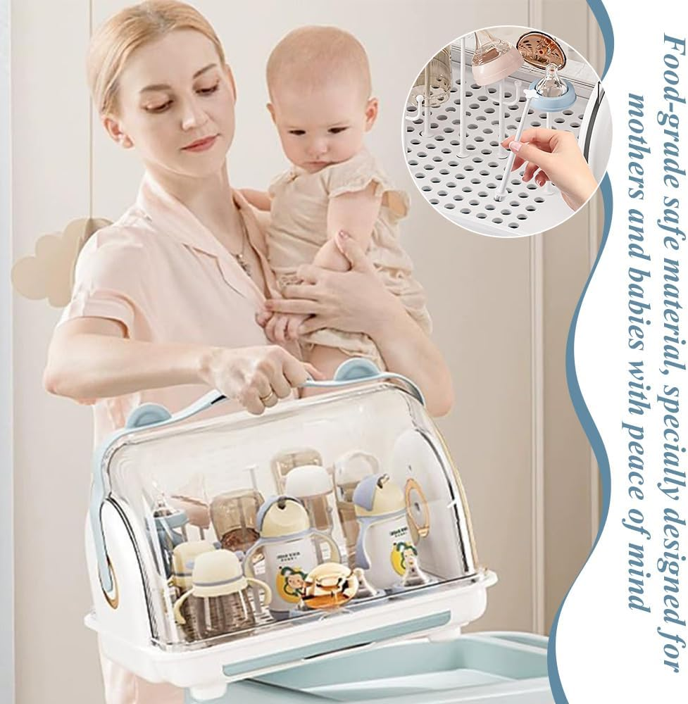 Baby Bottle Countertop Drying Rack, Dustproof Feeding Cup Holder, Baby Cup Storage Box, Removable Drain Tray, Transparent Clamshell Design for Bottles, Teats image number 4