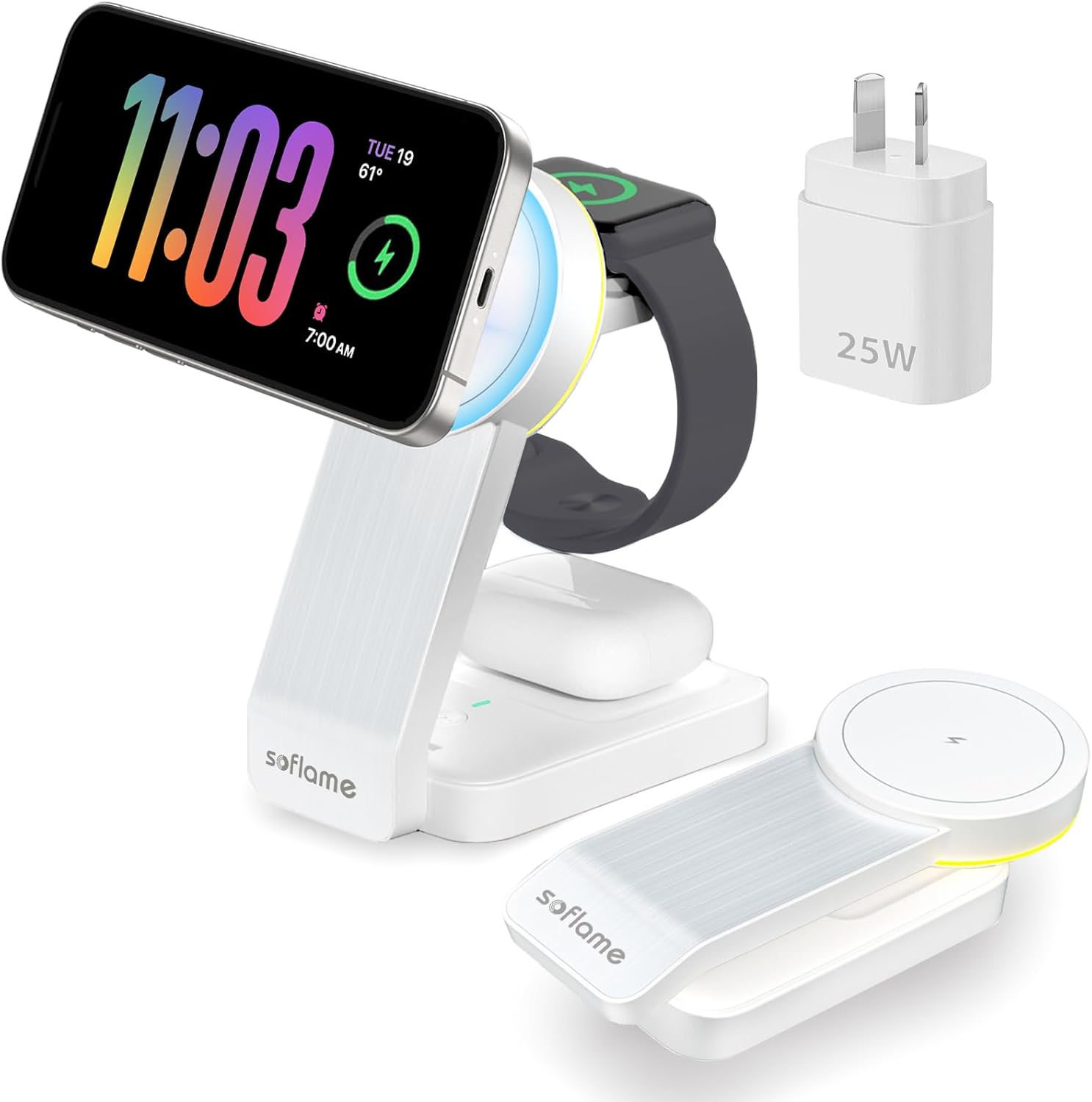 3 in 1 Foldable Mag-Safe Wireless Charger with Adapter &ndash; Magnetic Travel Charging Station for Iphone and Watch, Airpods &ndash; Fast Portable Charging Stand (Qi2 Beige & 30W Gan Adapter)